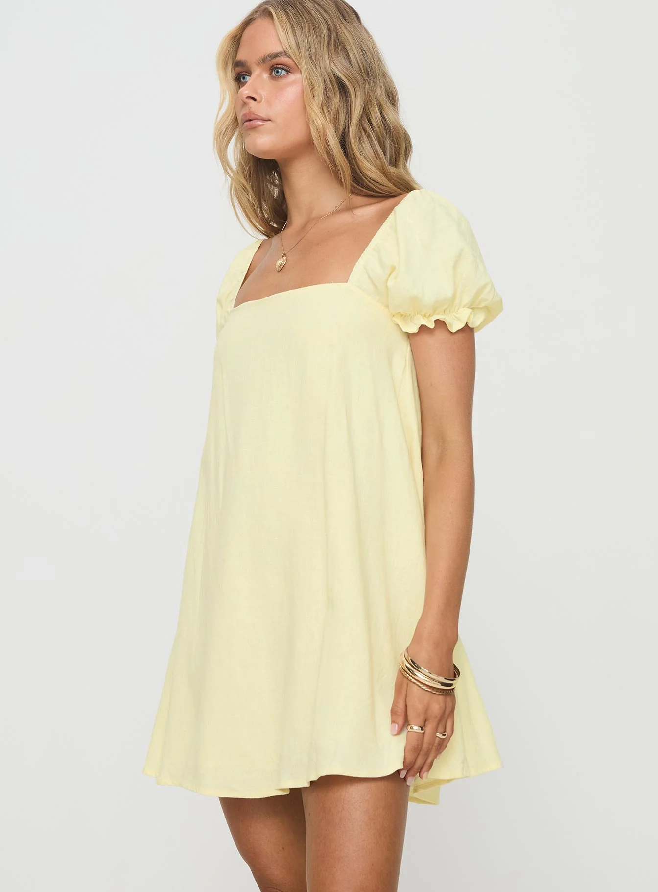 Beyond Linen Blend Mini Dress Yellow - TREBLEV