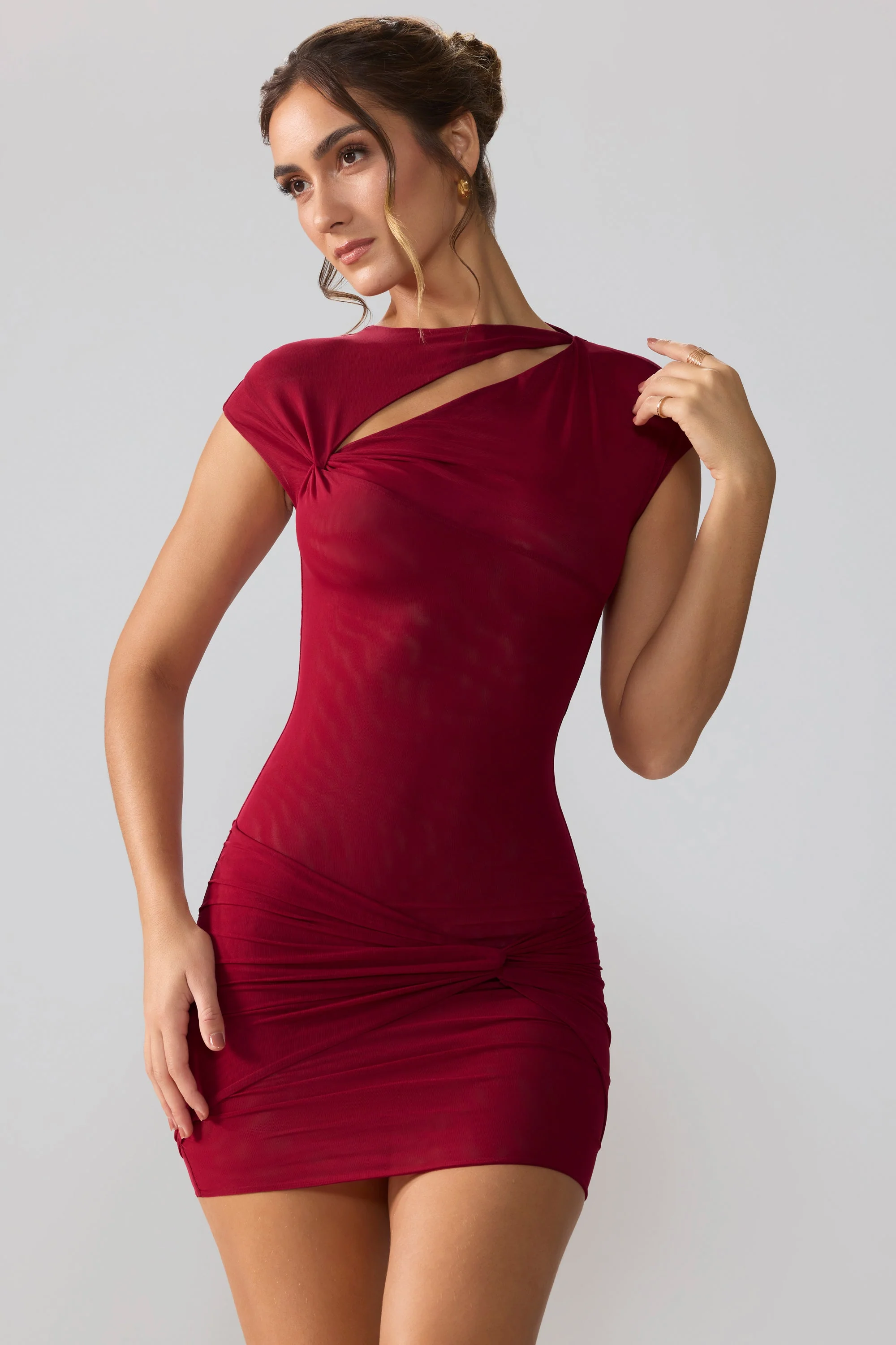 Mesh Cap Sleeve Cut Out Mini Dress in Ruby - TREBLEV