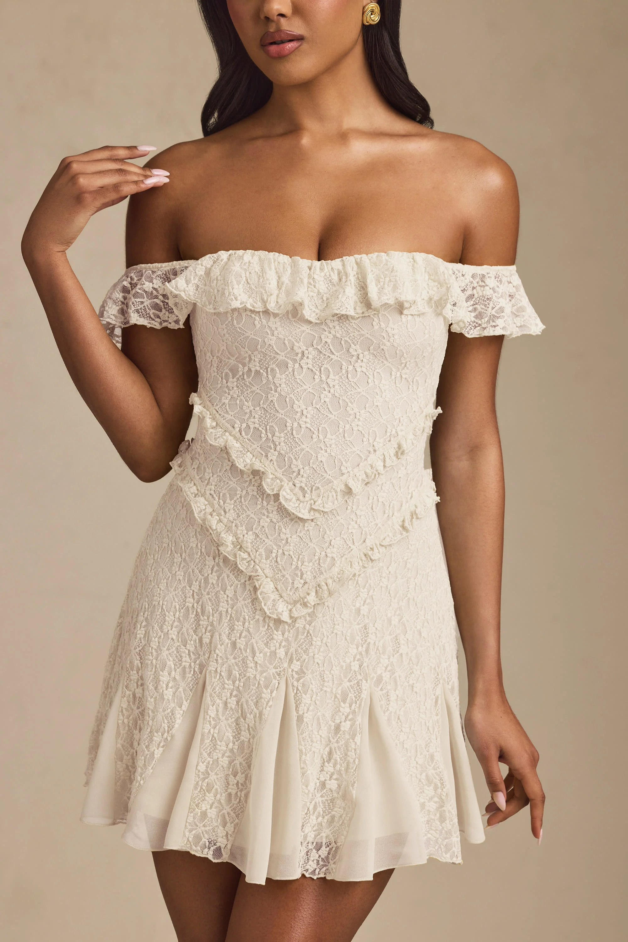Off-Shoulder Lace A-Line Mini Dress in Ivory - TREBLEV