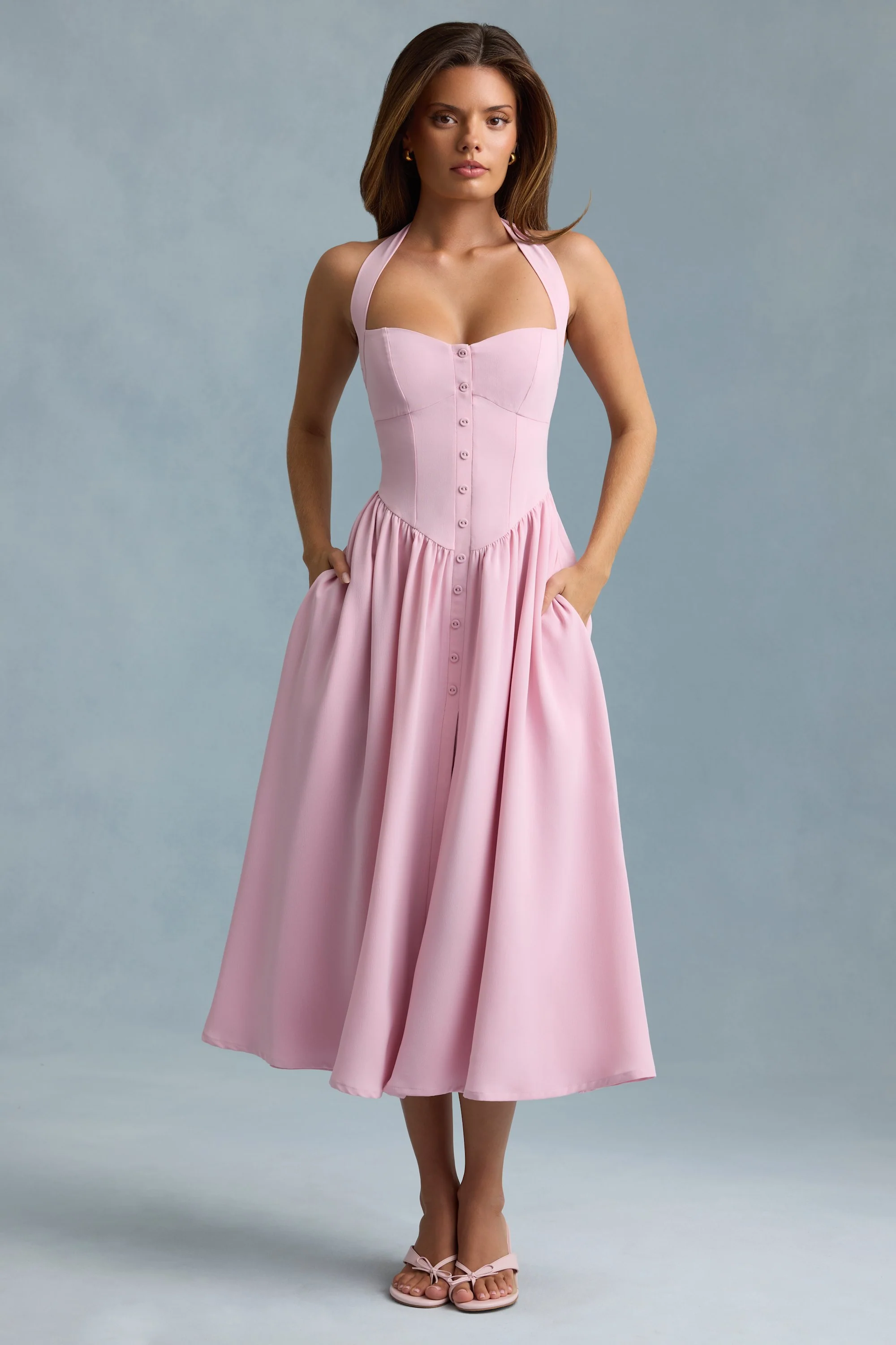 Button-Detail Halterneck Midaxi Dress in Soft Pink - TREBLEV