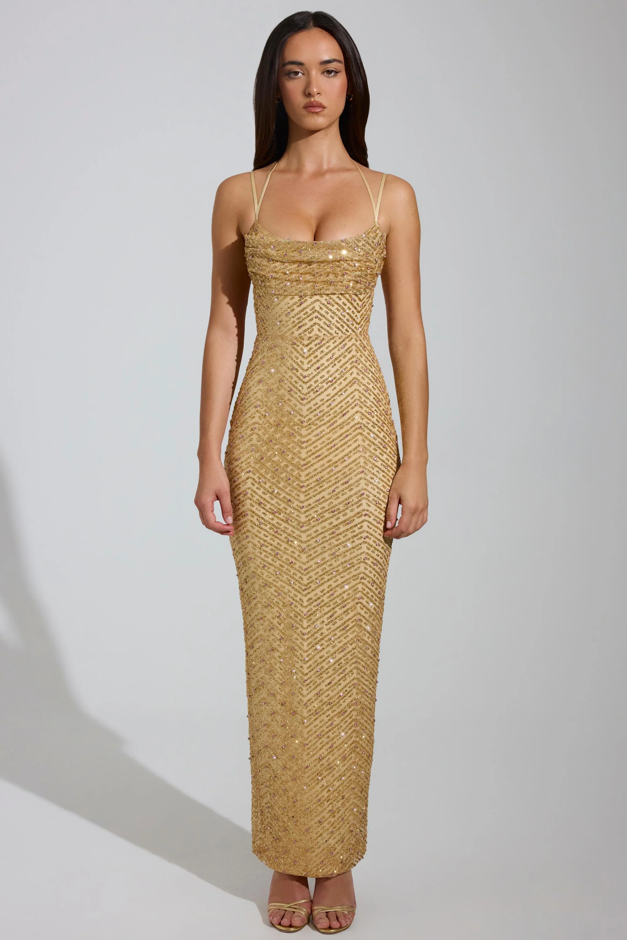 Embellished Cowl-Neck Maxi Dress in Gold - TREBLEV