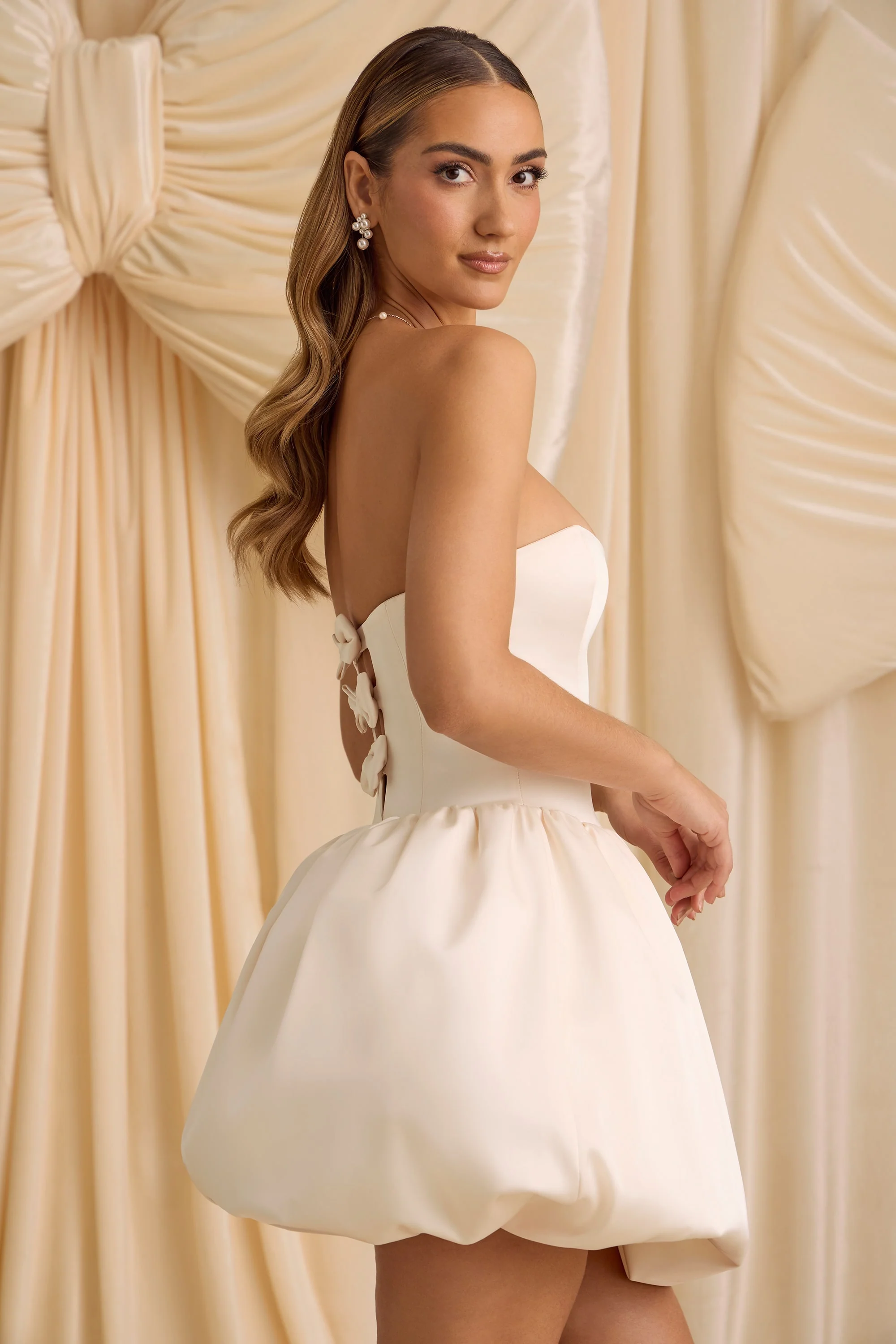 Convertible Bow-Detail Bubble Hem Midaxi Dress in Ivory - TREBLEV