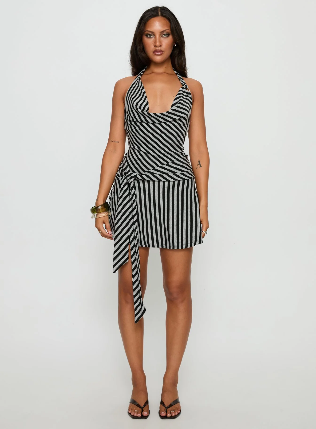 Terika Plunge Neck Halter Mini Dress Grey / Black - TREBLEV