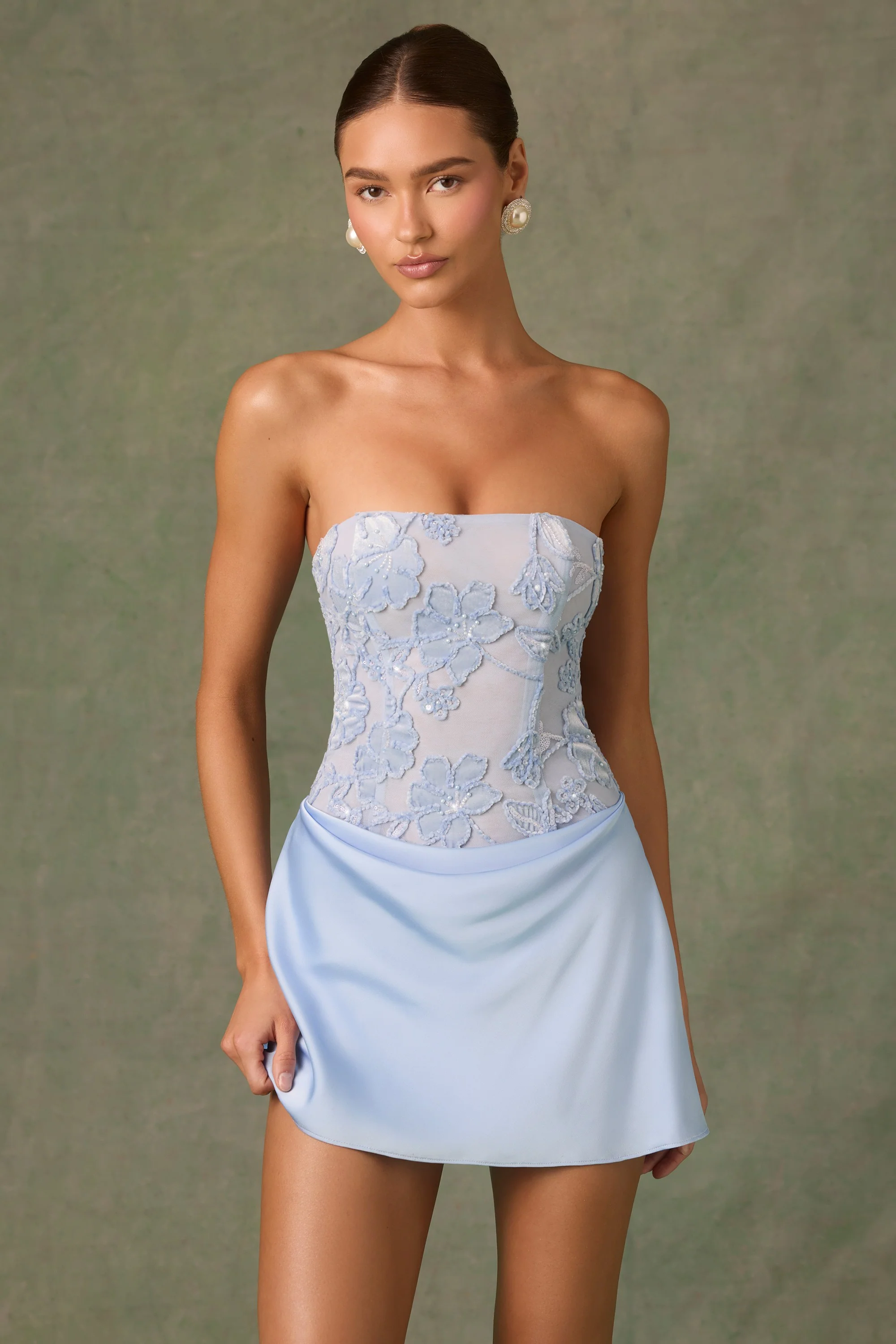 Embellished Draped Strapless A-Line Mini Dress in Sky Blue - TREBLEV