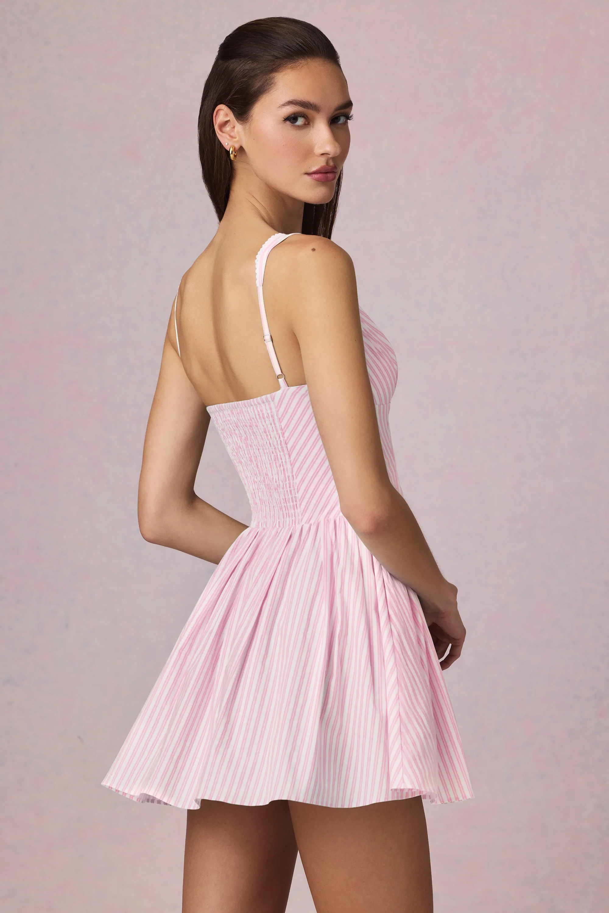 Bow-Detail A-Line Mini Dress in Soft Mauve Stripe - TREBLEV
