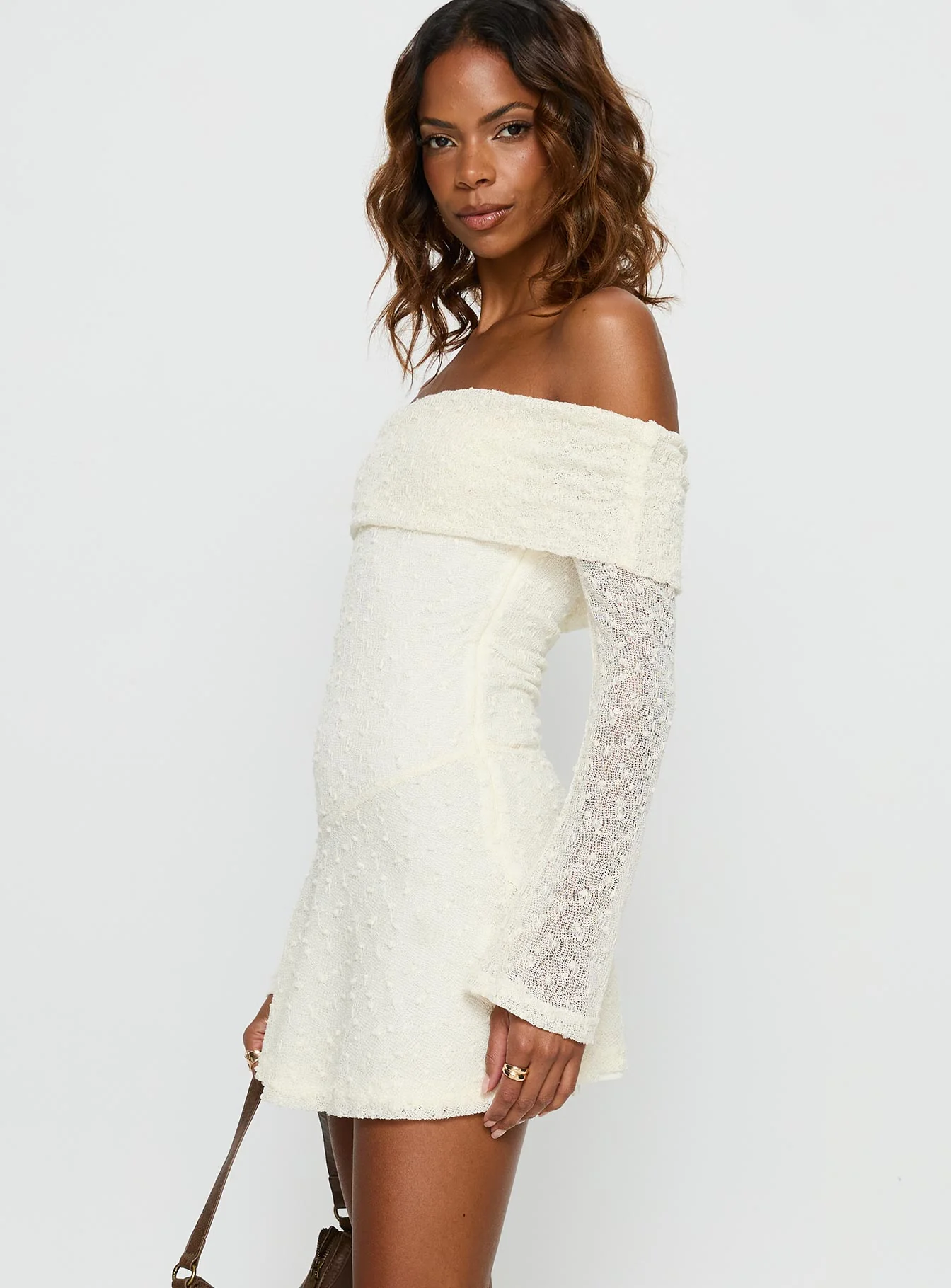 Ivee Off Shoulder Long Sleeve Mini Dress Cream - TREBLEV