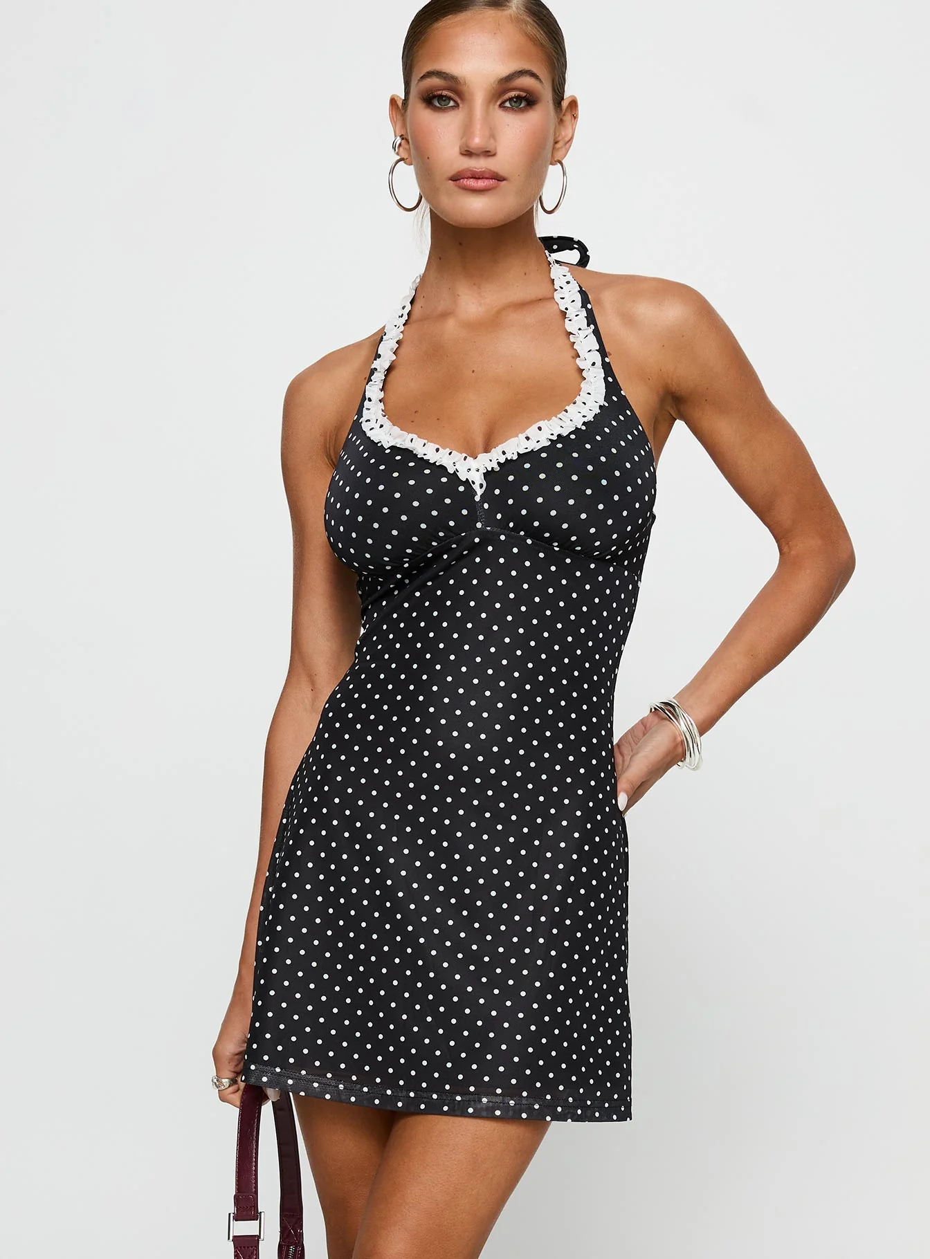 Black Beauty Halter Mini Dress Black / Polka - TREBLEV