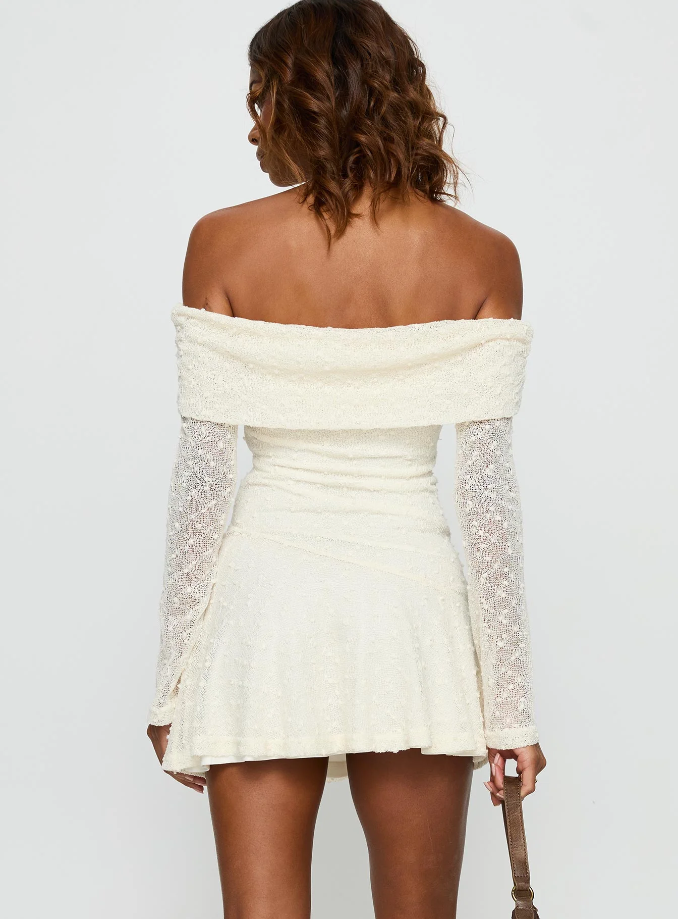 Ivee Off Shoulder Long Sleeve Mini Dress Cream - TREBLEV