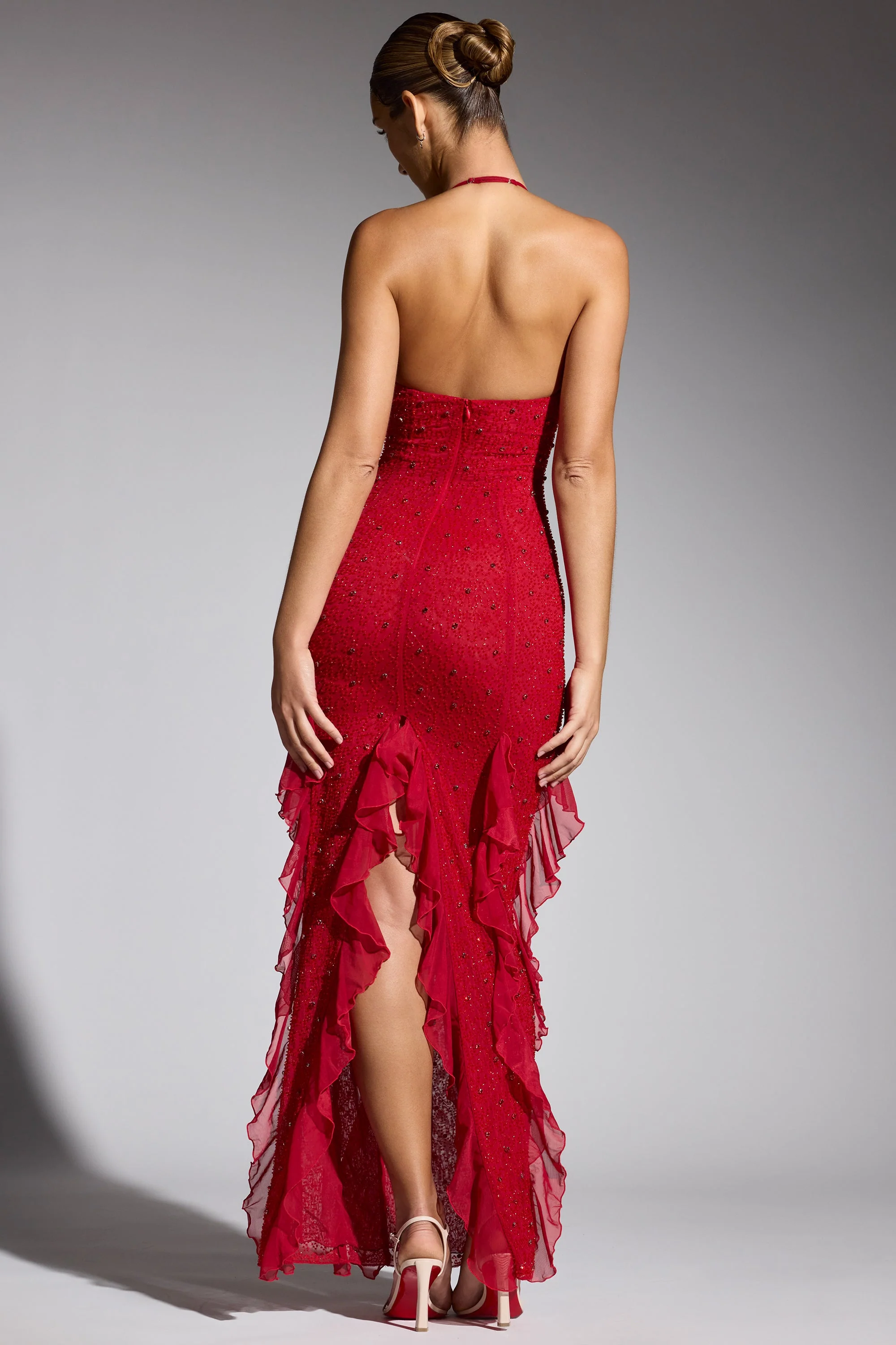 Embellished Halter Neck Ruffle Maxi Dress in Red - TREBLEV