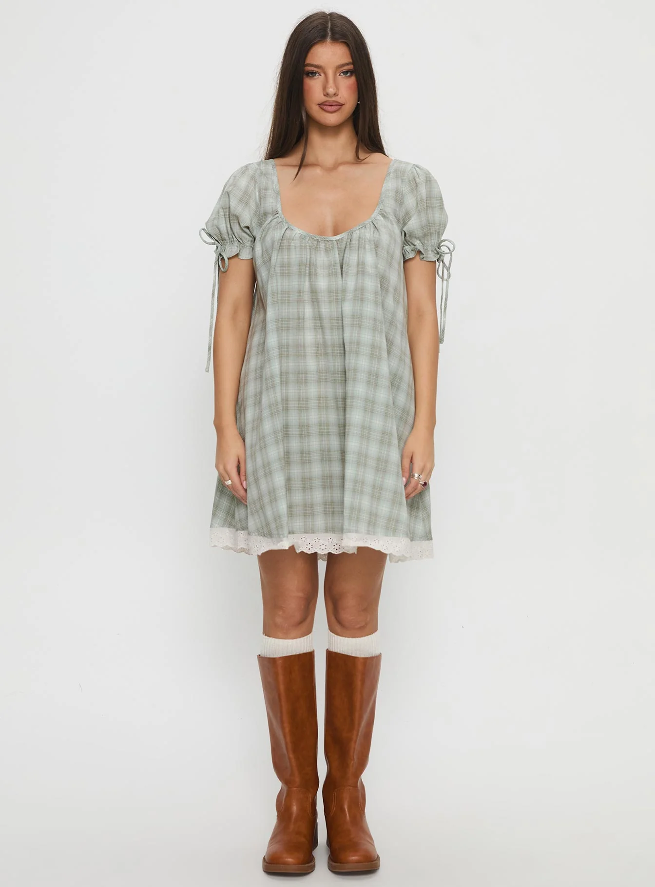Embracing Puff Sleeve Swing Mini Dress Blue Check - TREBLEV