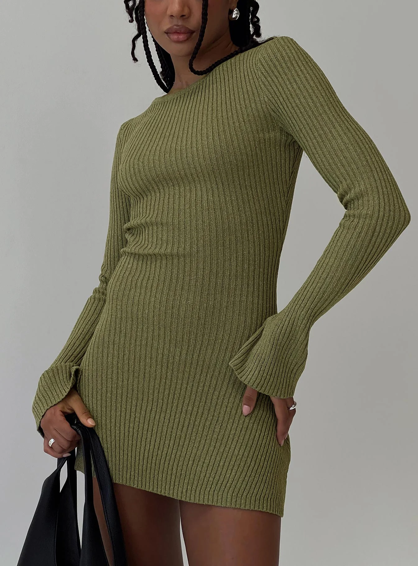 Osment Long Sleeve Knit Mini Dress Olive - TREBLEV