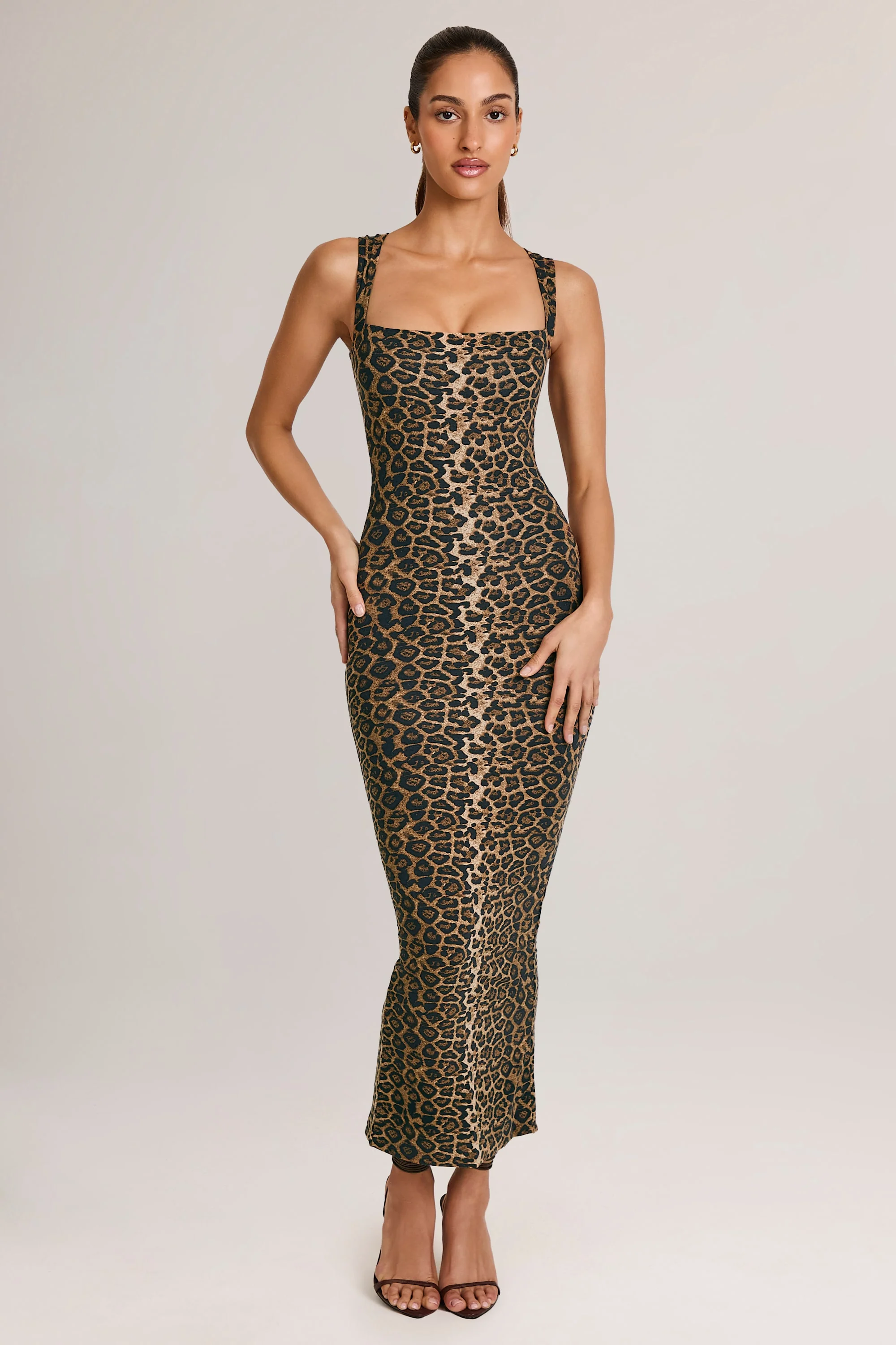 Modal Square-Neck Bodycon Midi Dress in Leopard Print - TREBLEV