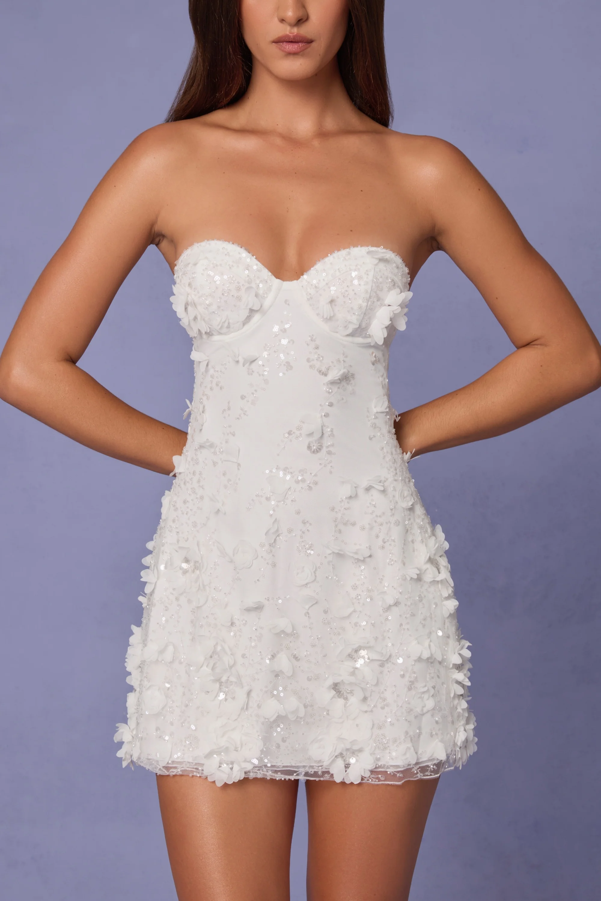 Embellished Bandeau A-line Mini Dress in White - TREBLEV