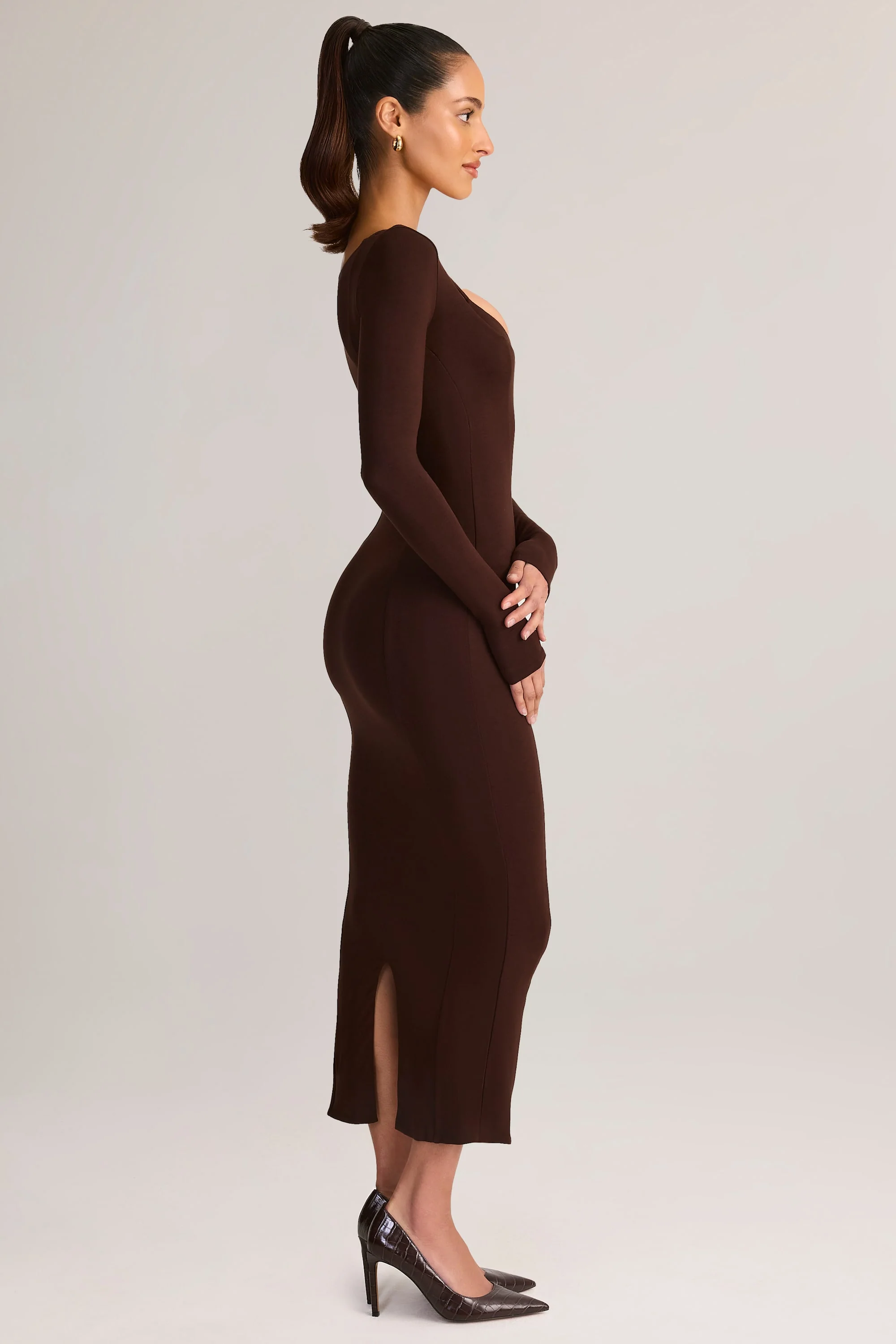 Modal Peekaboo Long-Sleeve Midi Dress in Chocolate Brown - TREBLEV