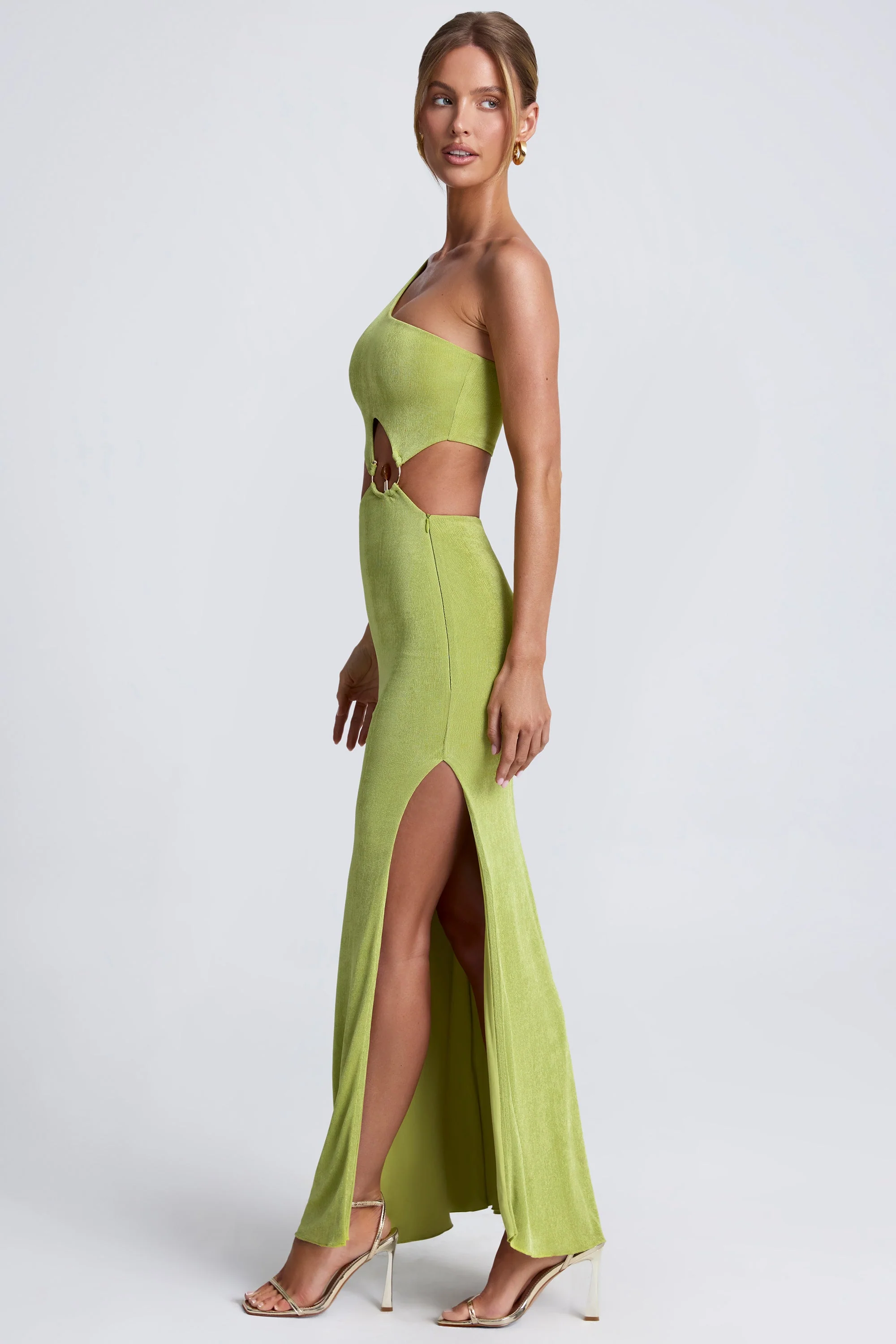 Hardware Detail One-Shoulder Maxi Dress in Olive Green - TREBLEV