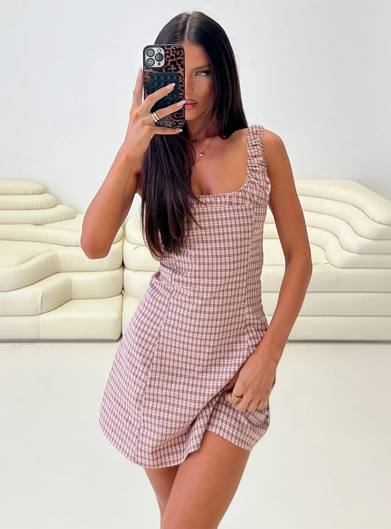 Denley Cinched Mini Dress Pink Check - TREBLEV