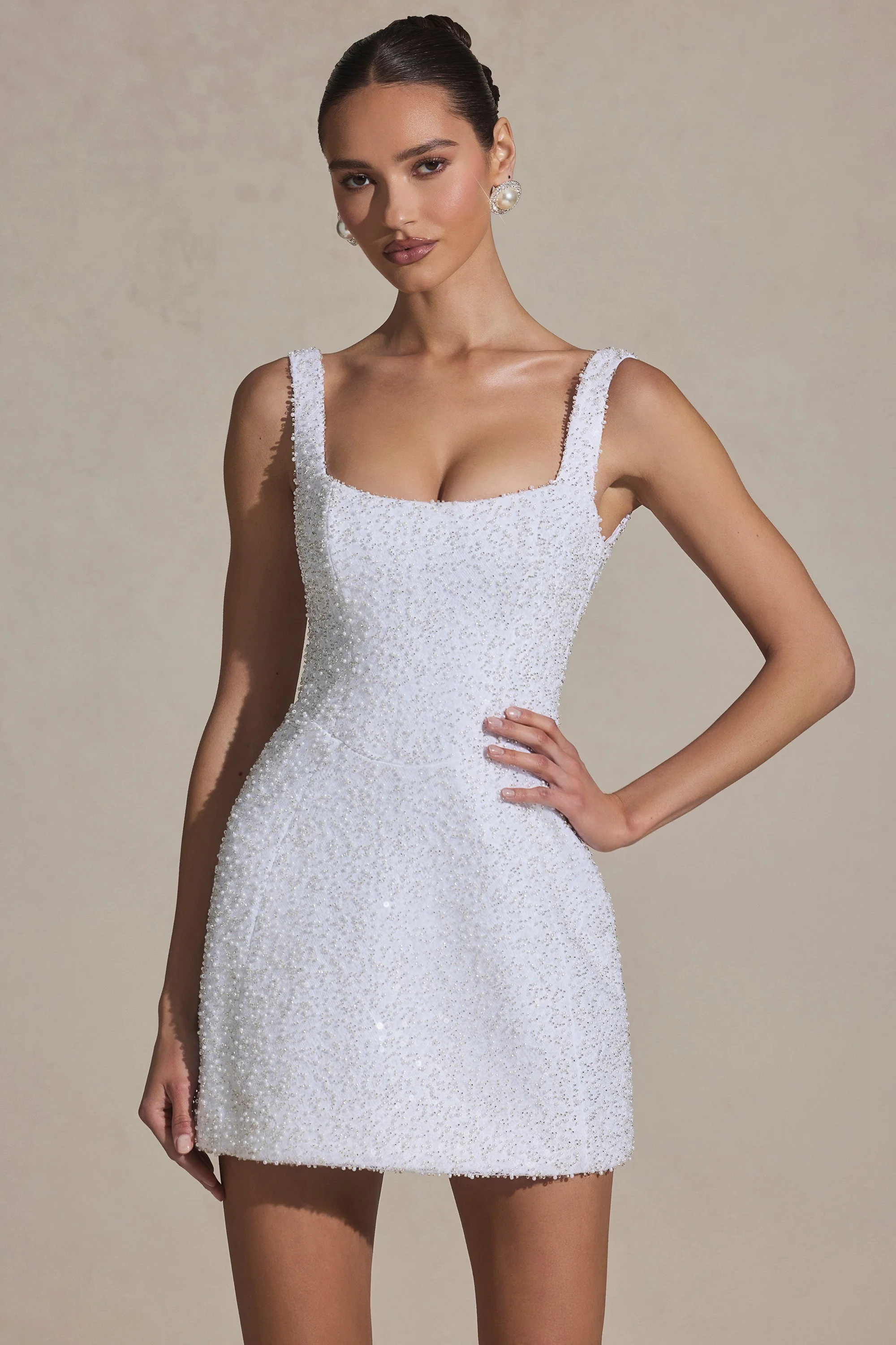 Embellished Structured A-Line Mini Dress in White - TREBLEV