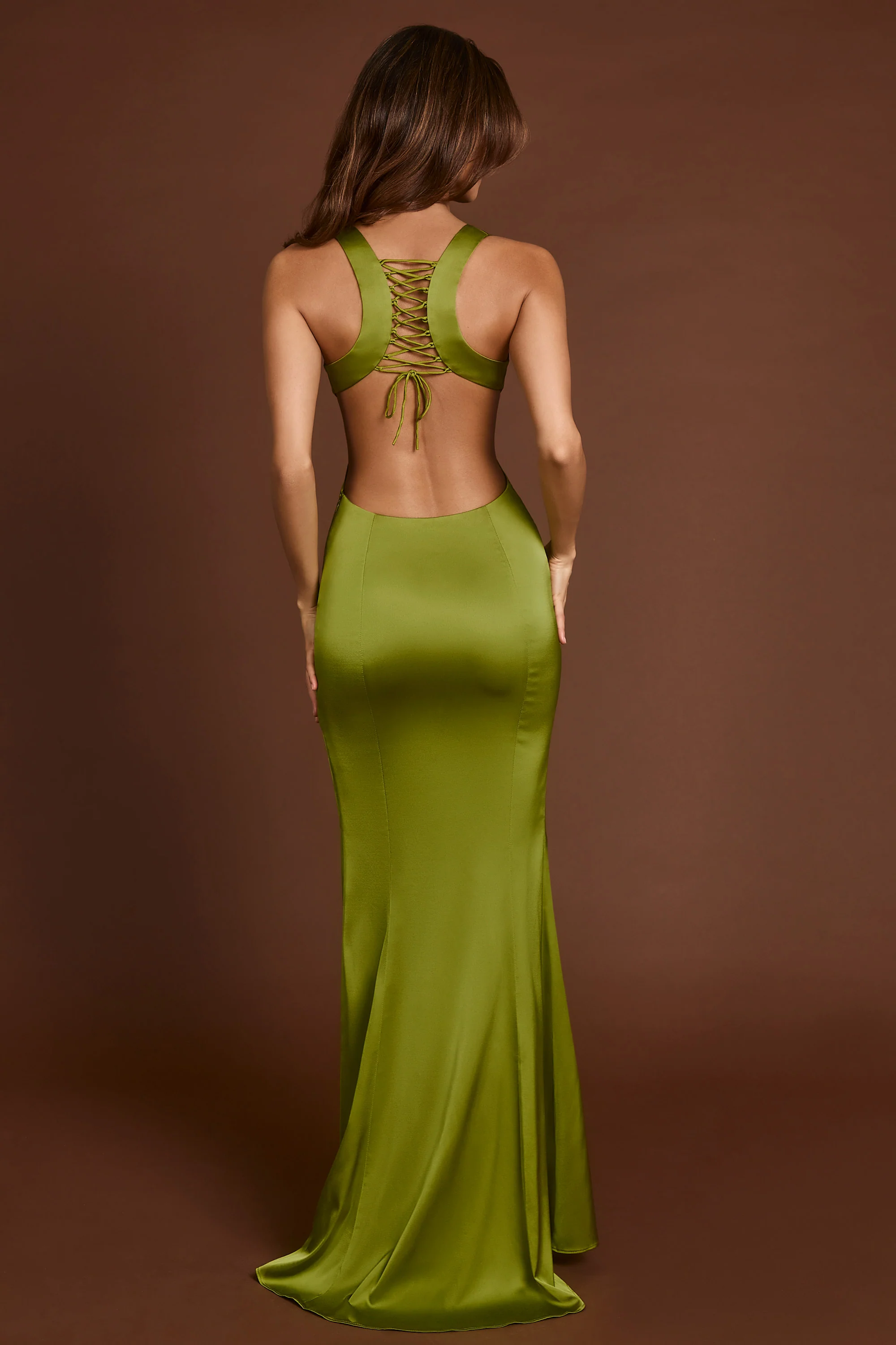 Scoop-Neck Lace-up Back Maxi Dress in Olive Green - TREBLEV