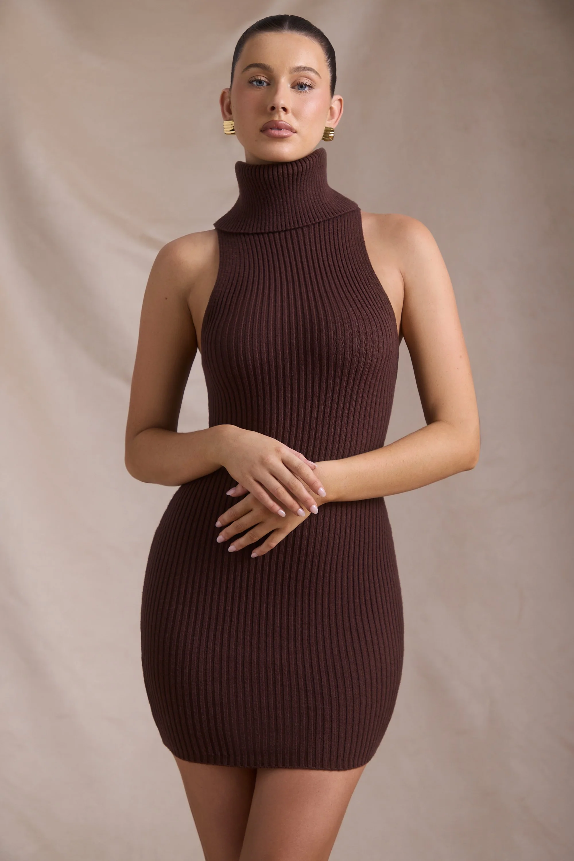 Ribbed-Knit Turtleneck Mini Dress in Espresso - TREBLEV