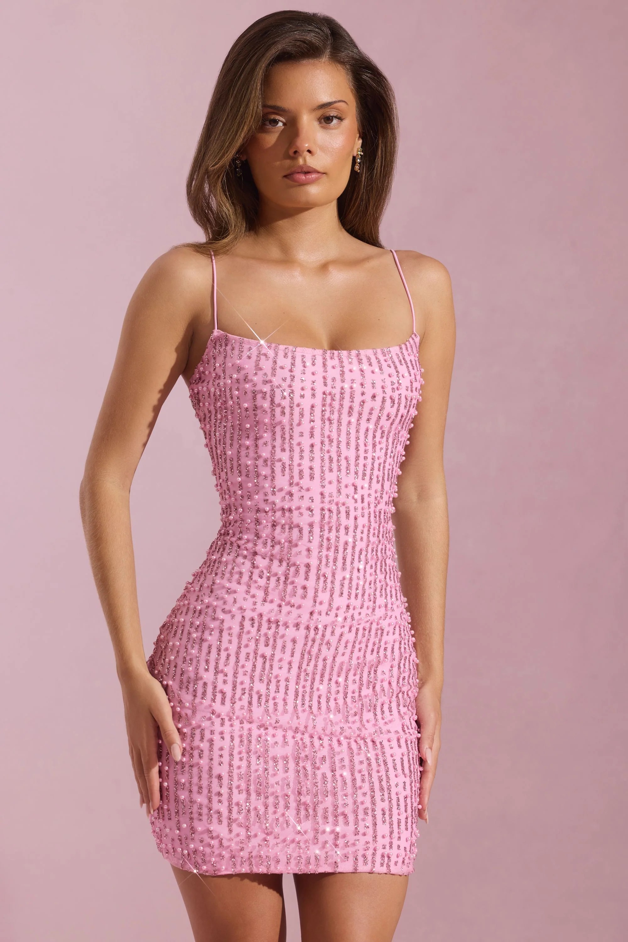 Embellished Scoop-Neck Bodycon Mini Dress in Pink - TREBLEV