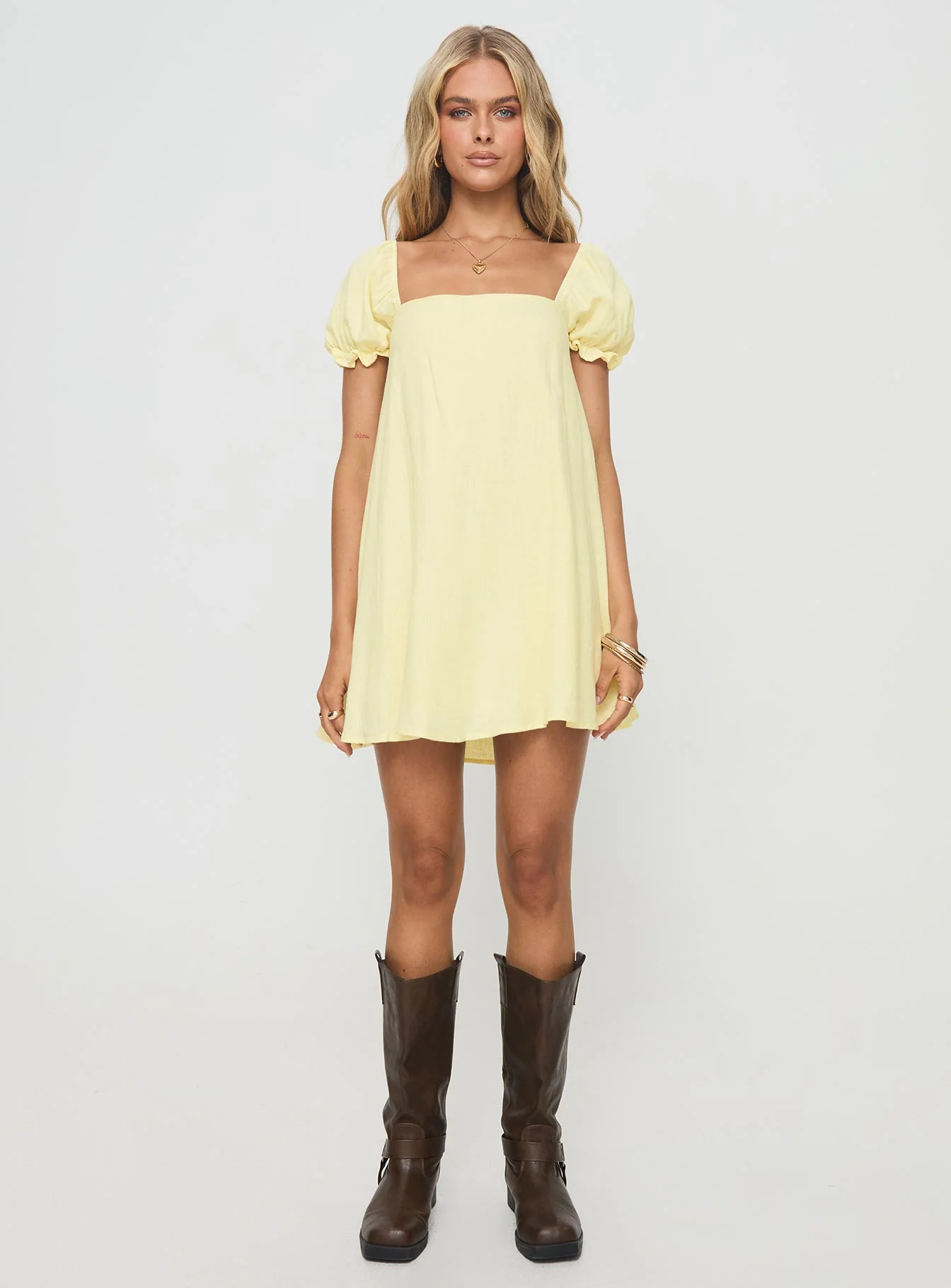 Beyond Linen Blend Mini Dress Yellow - TREBLEV