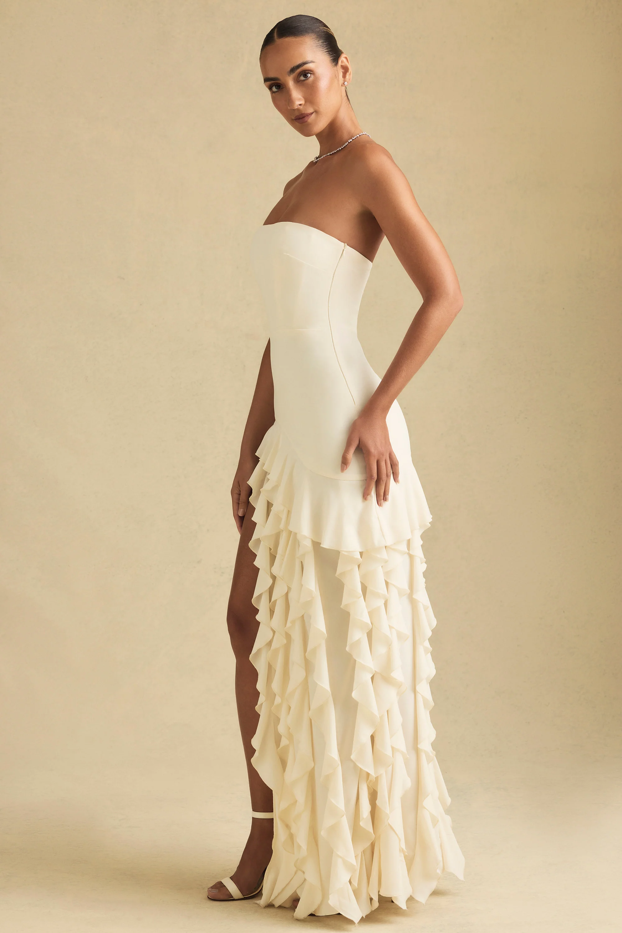 Ruffle-Trim Strapless Gown in Ivory - TREBLEV