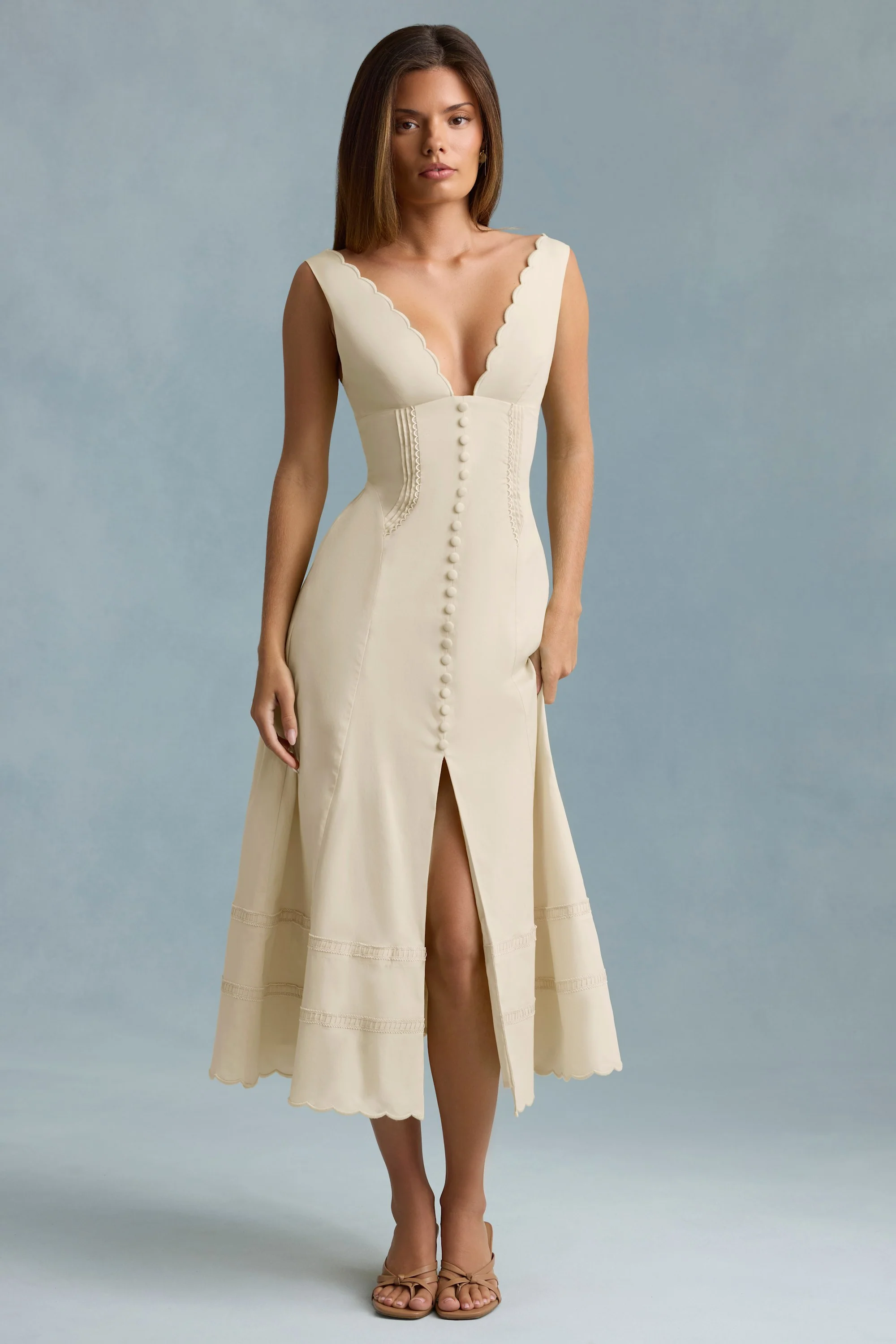 Cotton-Poplin A-Line Midaxi Dress in Ivory - TREBLEV