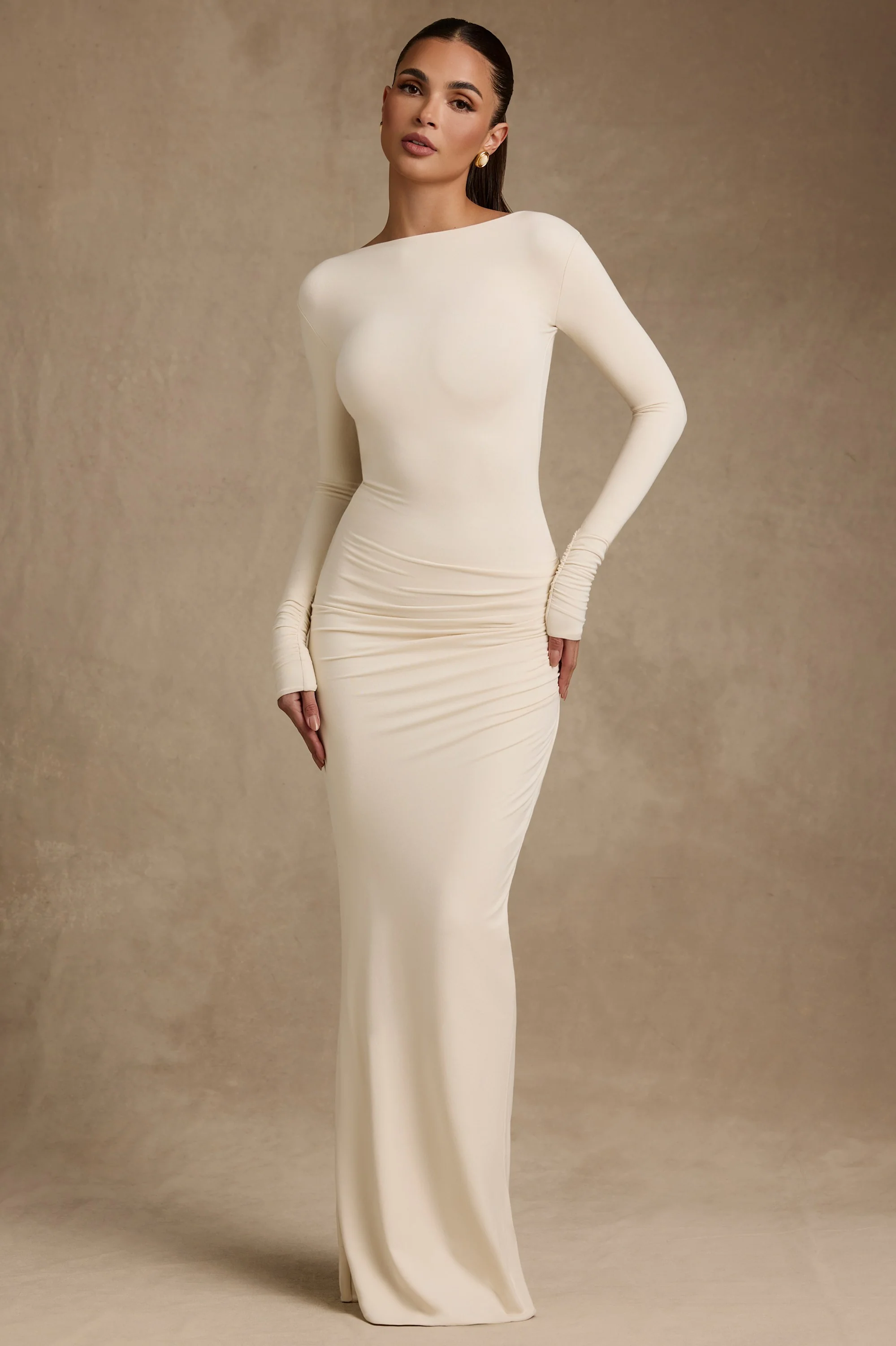 Modal Ruched Backless Maxi Dress in Ivory - TREBLEV
