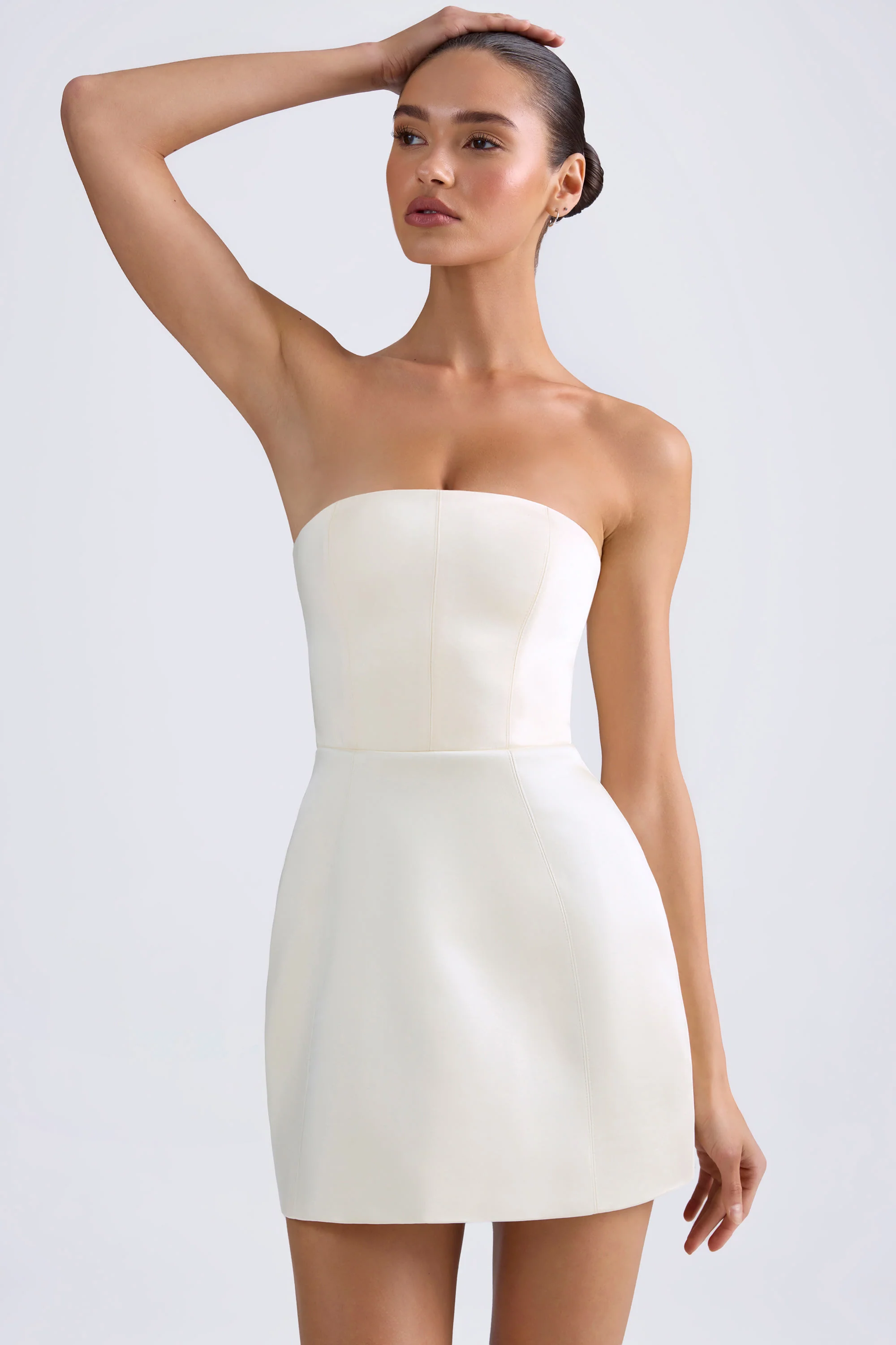 Bandeau Structured Tulip Mini Dress in Ivory - TREBLEV