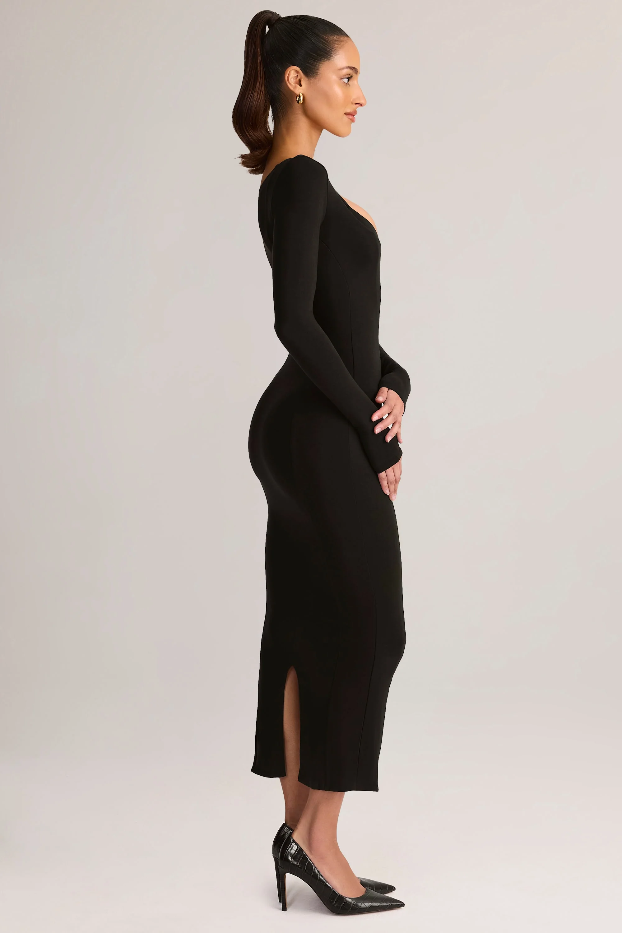 Modal Peekaboo Long-Sleeve Midi Dress in Black - TREBLEV