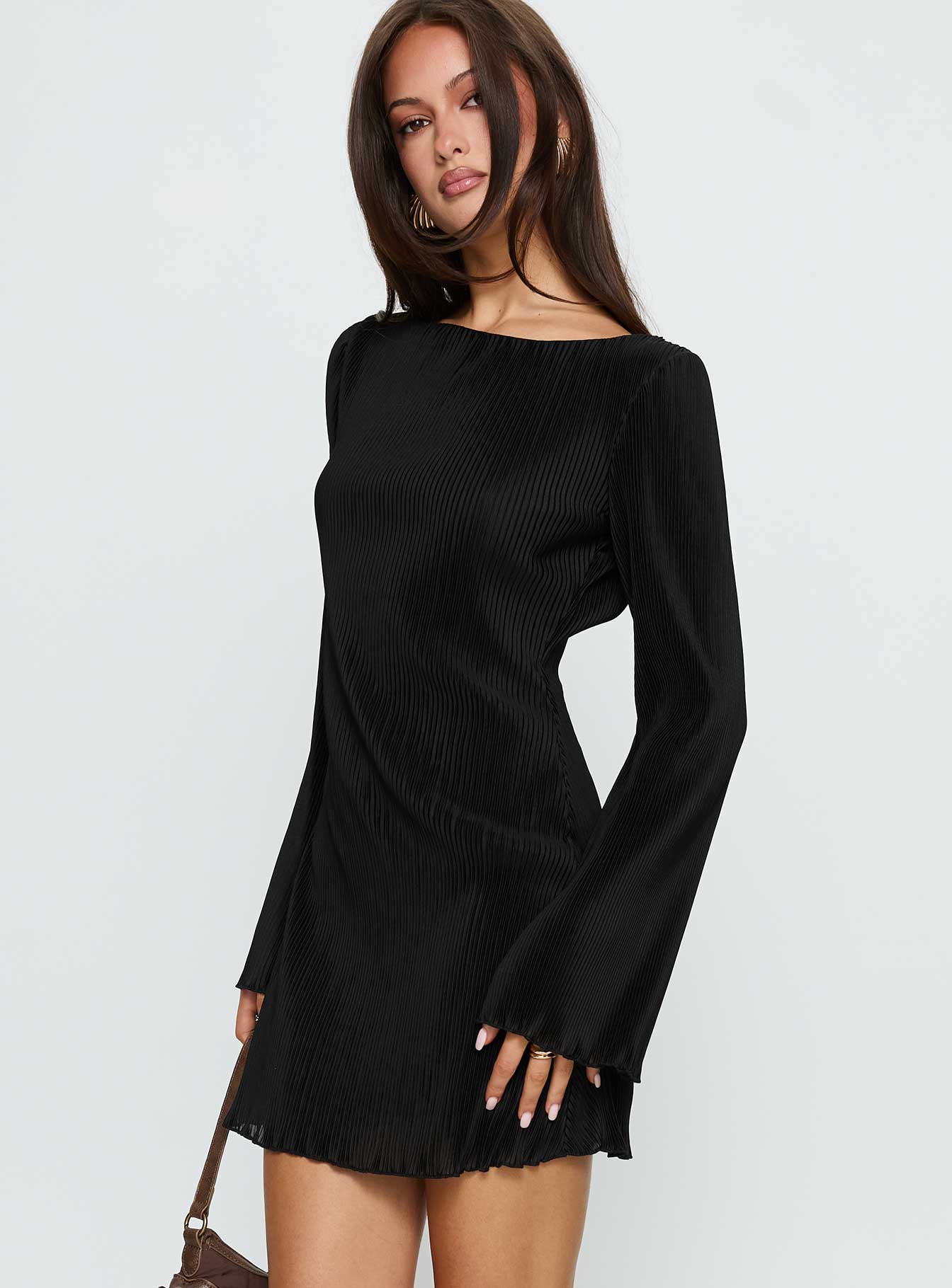 Lukea Long Sleeve Plisse Mini Dress Black - TREBLEV
