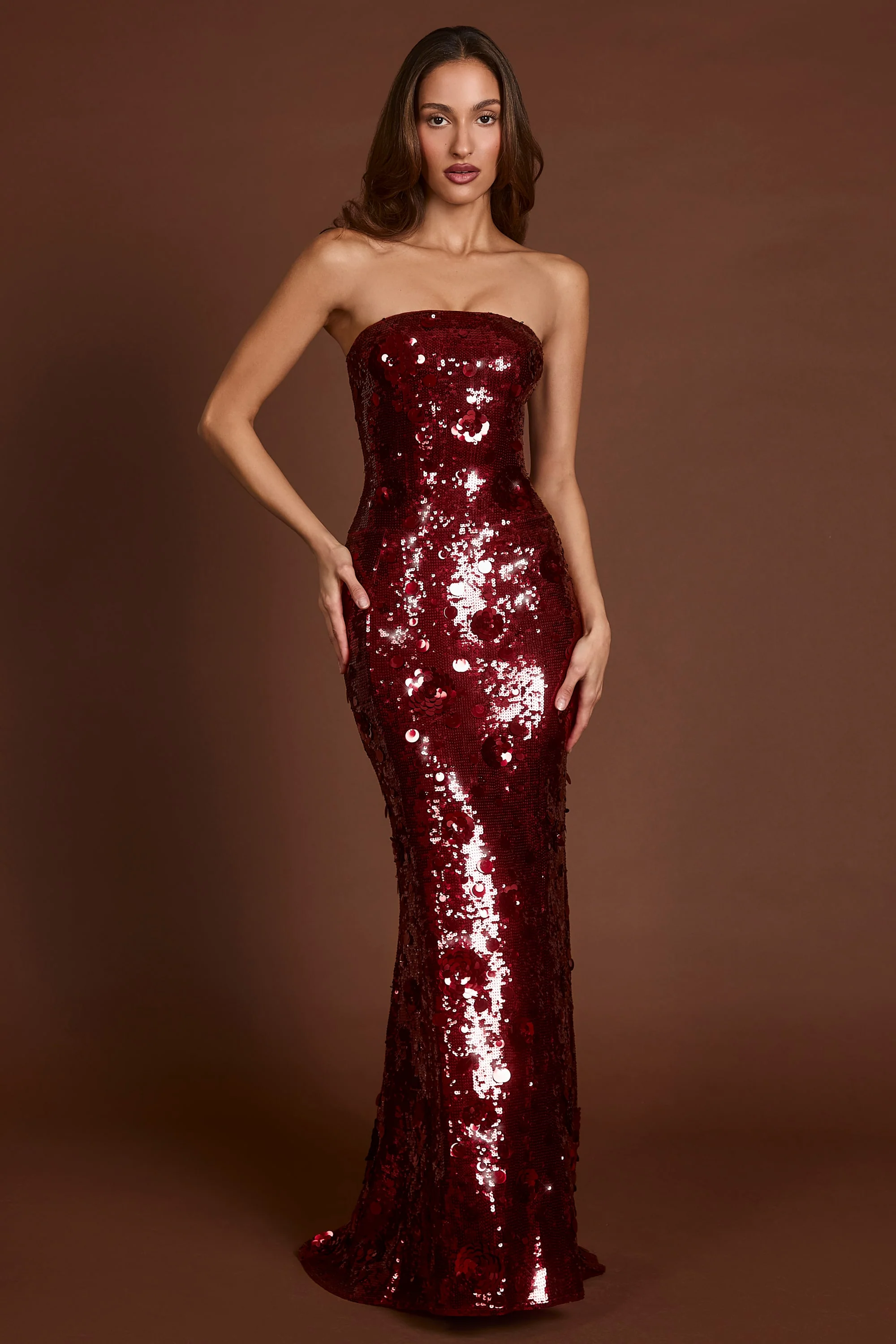 3D Embellished Bandeau Maxi Dress in Red - TREBLEV