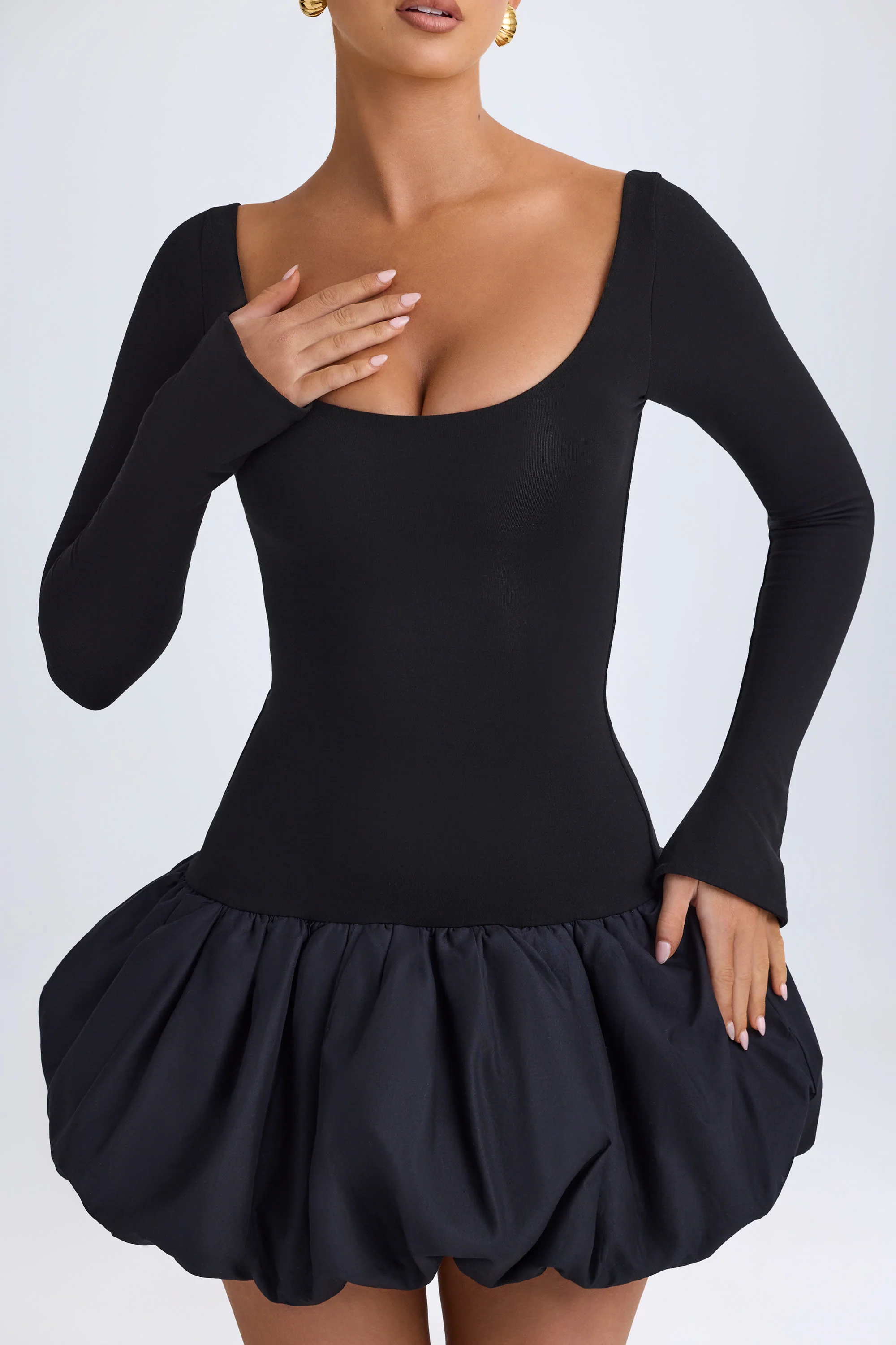Scoop-Neck Drop-Waist Bubble Hem Mini Dress in Black - TREBLEV