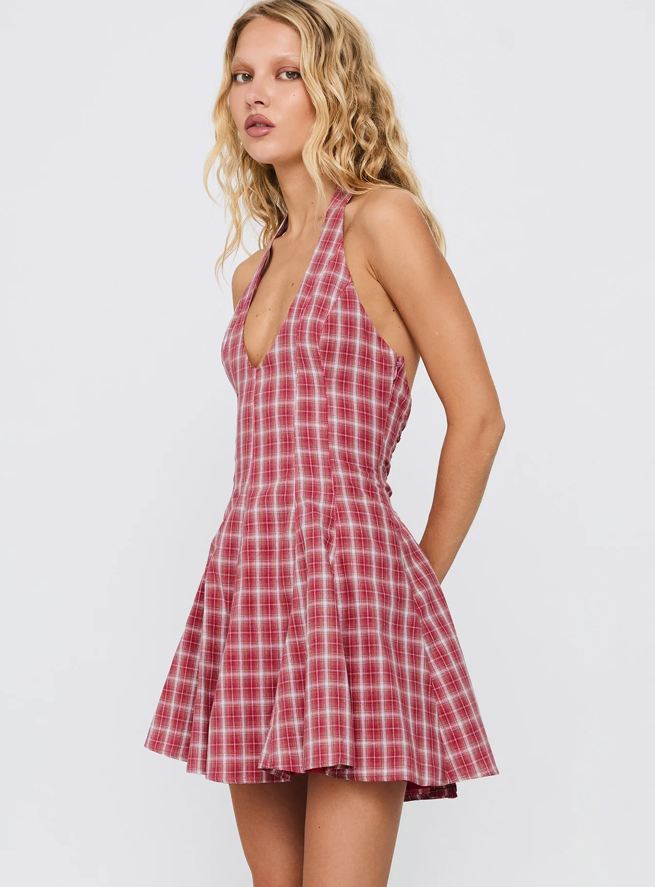 Out Of Nowhere Halter Mini Dress Red Check - TREBLEV