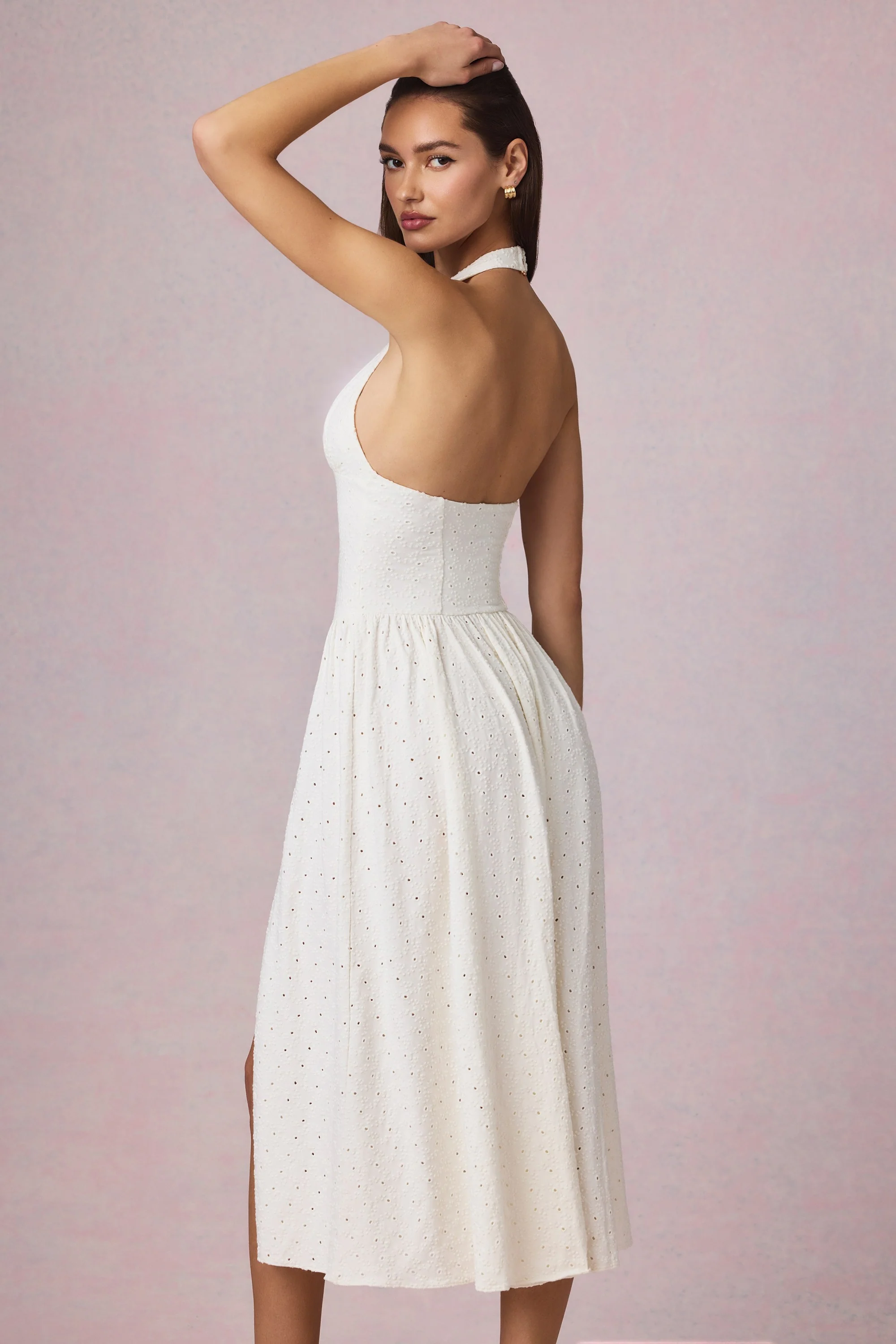 Broderie Anglaise Halterneck Midaxi Dress in White - TREBLEV