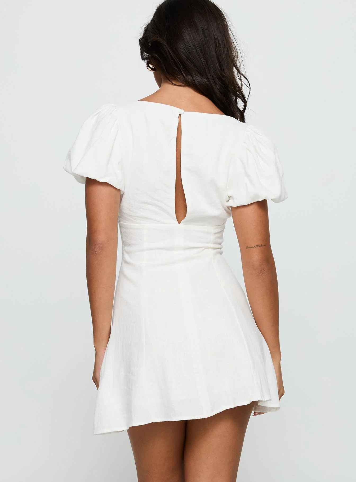 Beloved Puff Sleeve Linen Blend Mini Dress White - TREBLEV