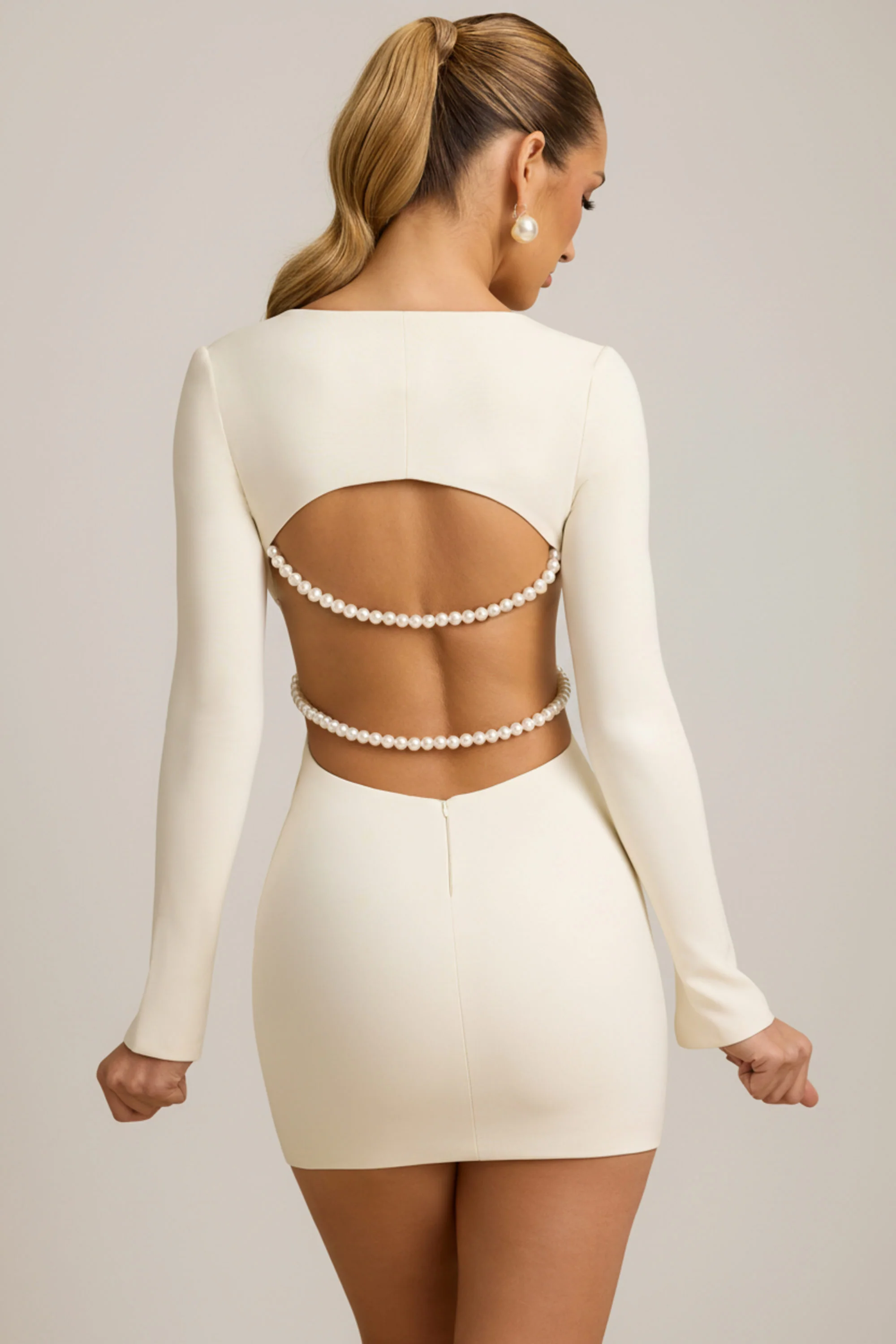 Pearl-Detail Cut-Out Mini Dress in Ivory - TREBLEV
