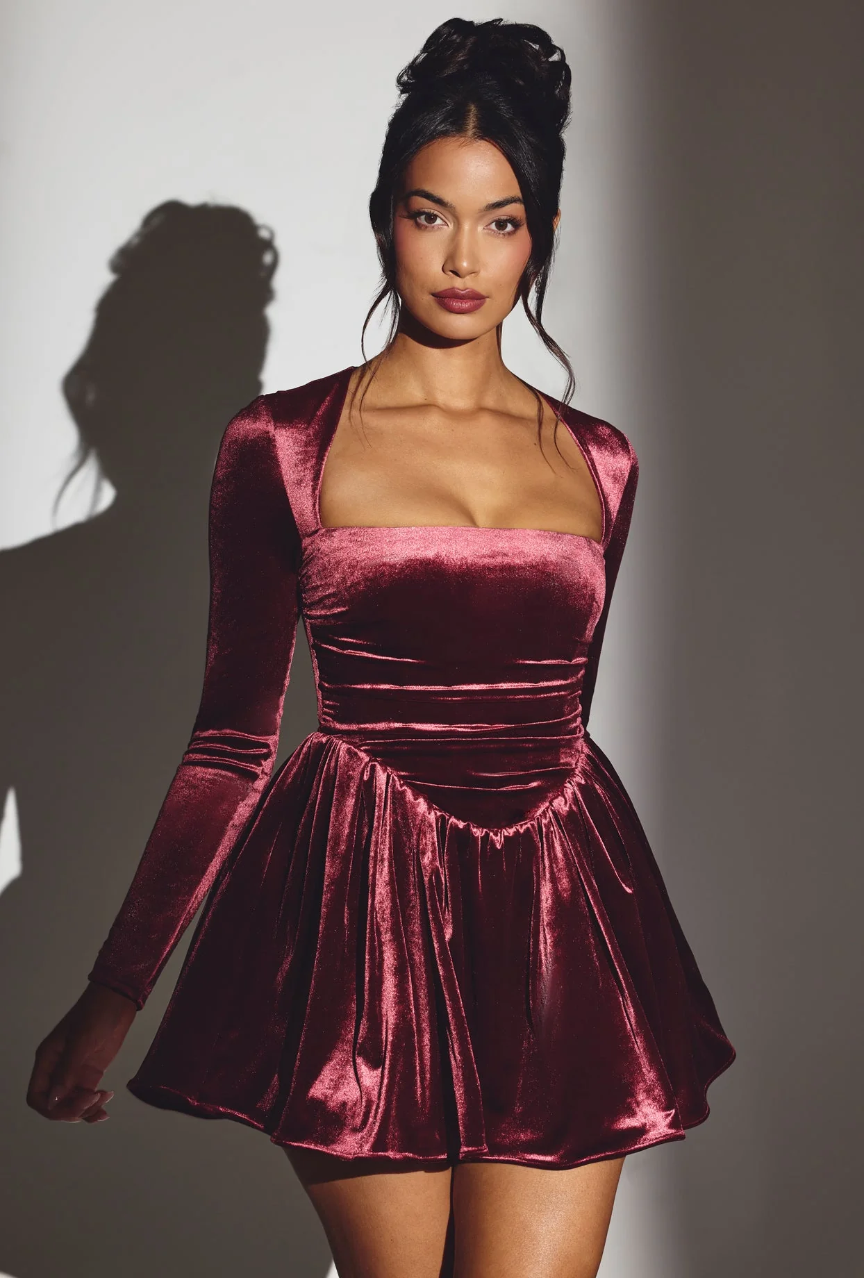 Velvet Long Sleeve Corset Mini Dress in Wine - TREBLEV