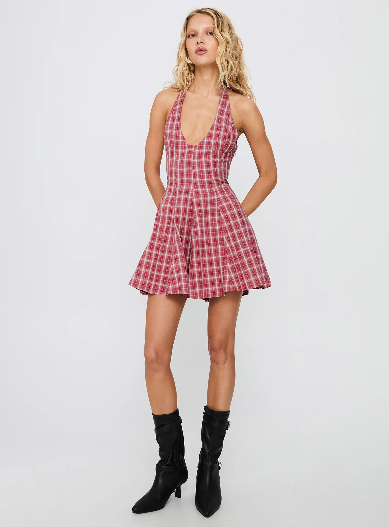 Out Of Nowhere Halter Mini Dress Red Check - TREBLEV