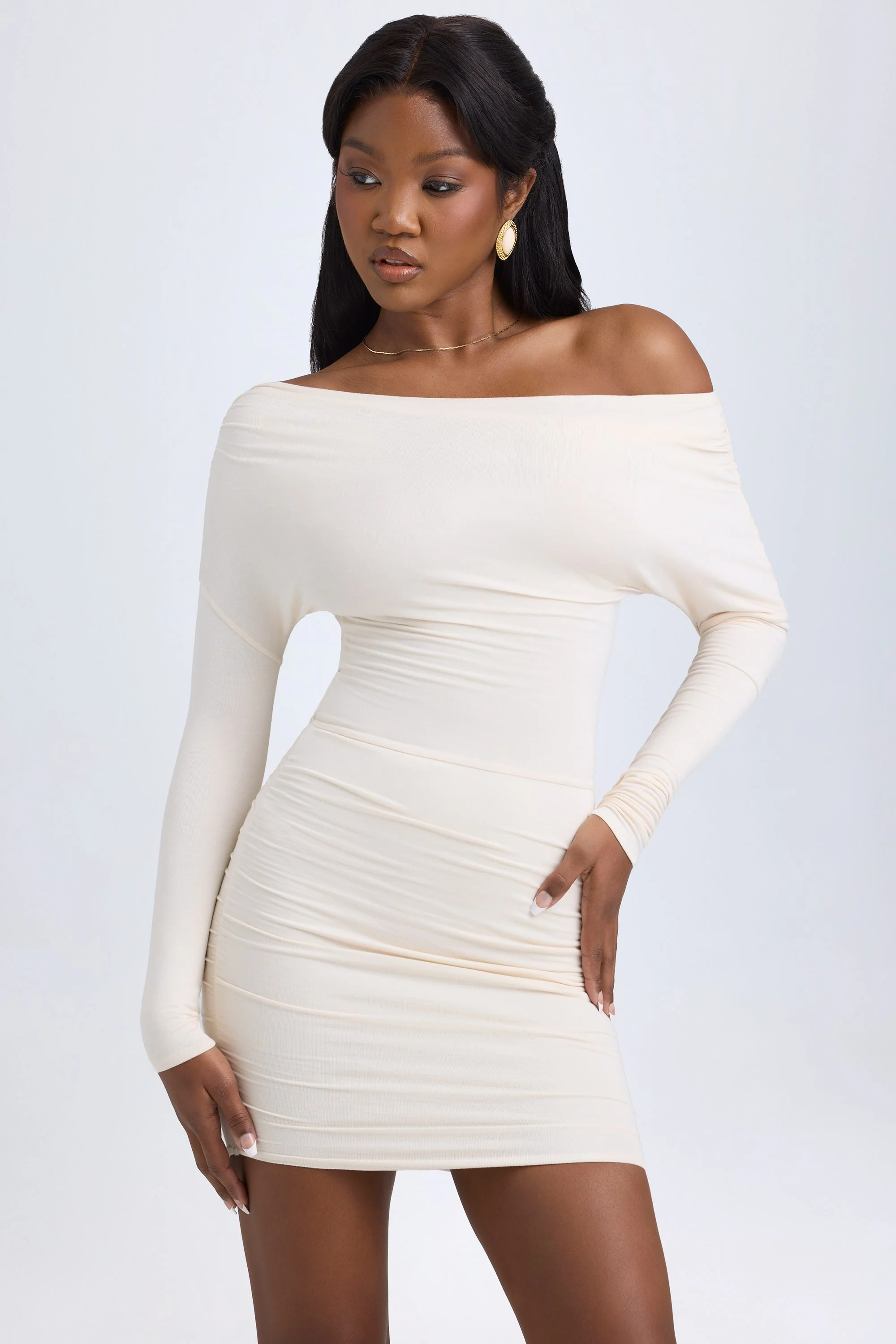 Modal Off-Shoulder Ruched Mini Dress in Ivory - TREBLEV