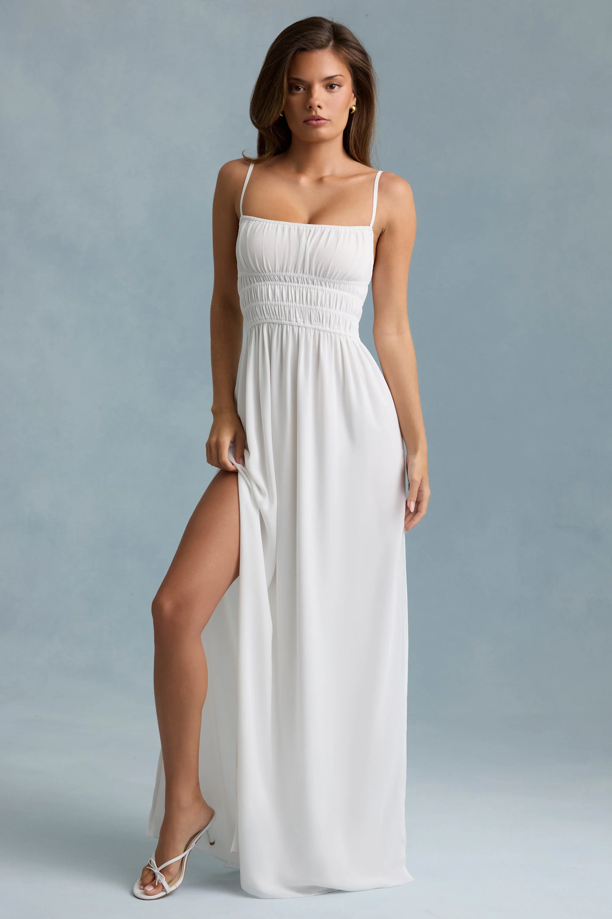 Shirred Camisole Maxi Dress in White - TREBLEV