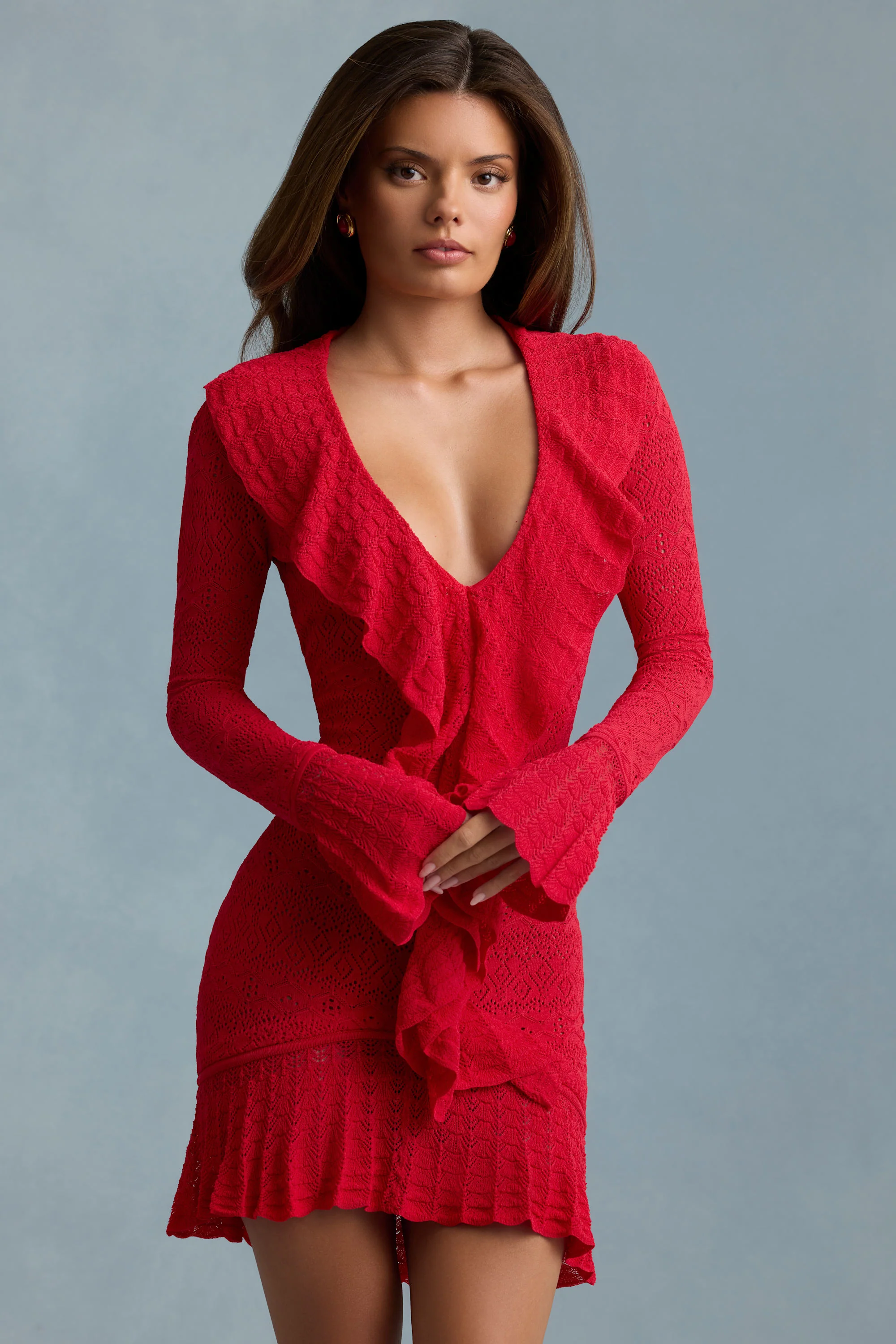 Ruffle-Trim Pointelle-Knit Mini Dress in Scarlet Red - TREBLEV