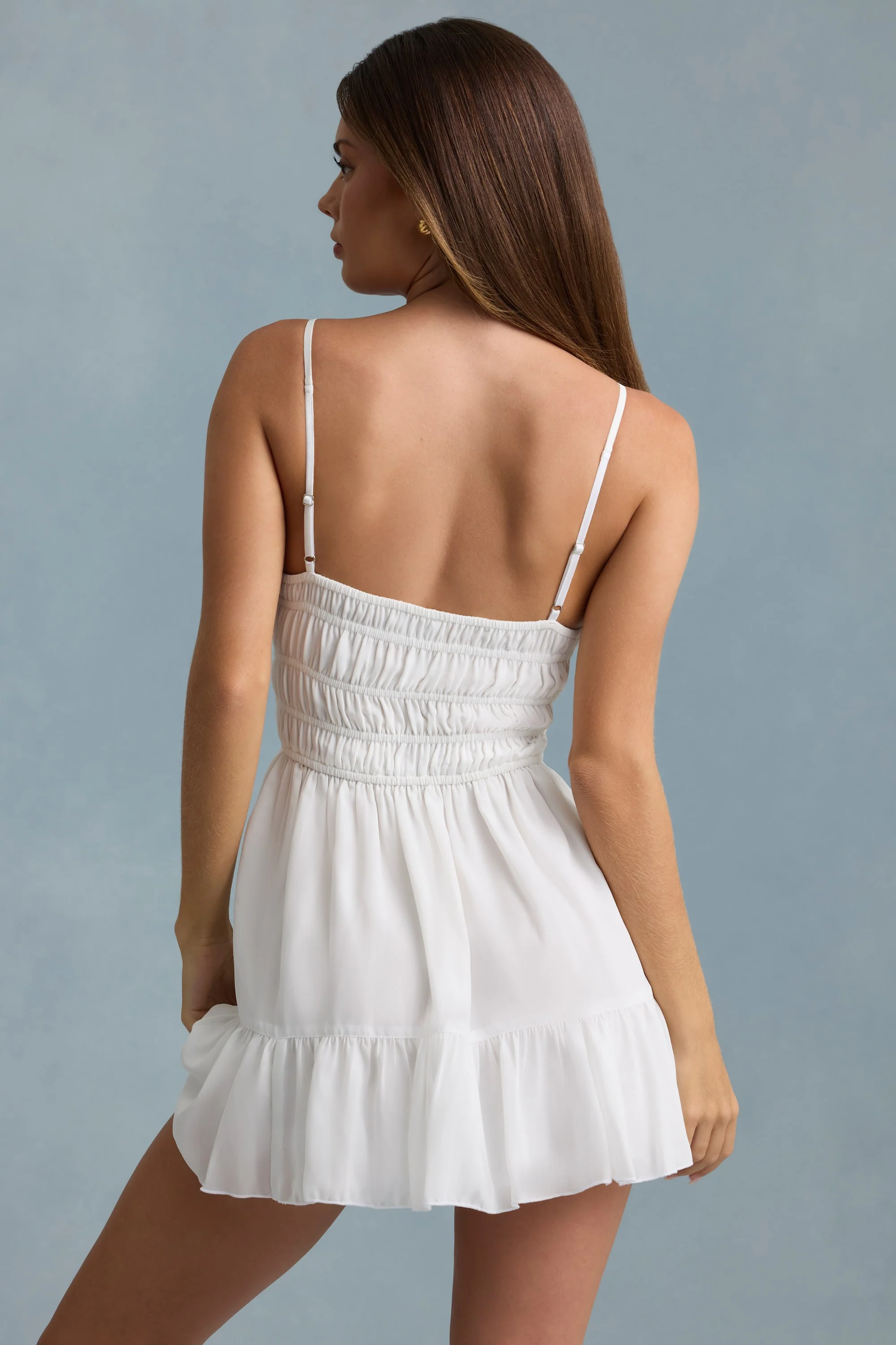 Shirred Camisole Mini Dress in White - TREBLEV