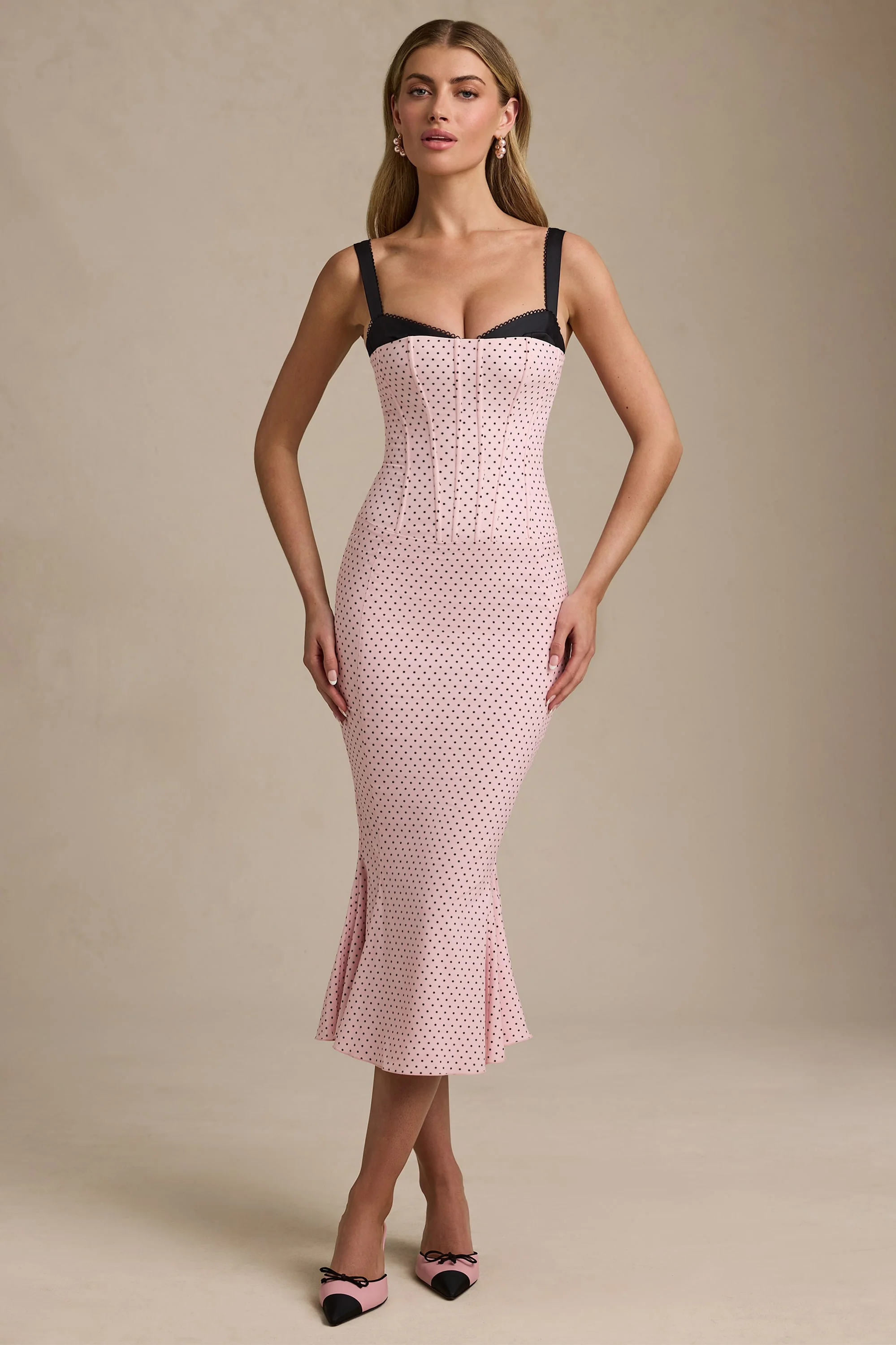 Layered Bra-Detail Fishtail Midaxi Dress in Pink Polka Dot - TREBLEV