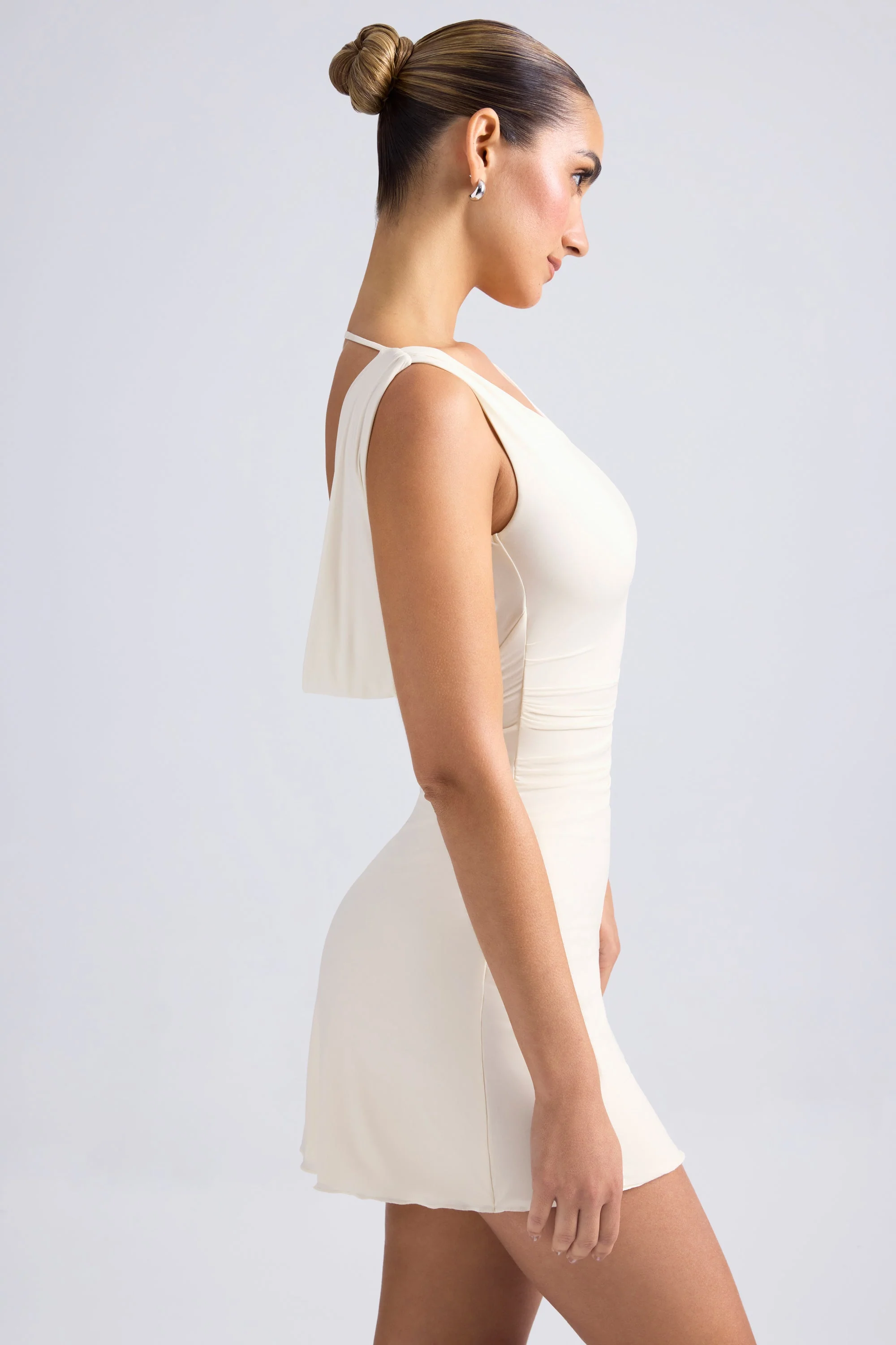 Off-Shoulder Cowl-Back A-Line Mini Dress in Ivory - TREBLEV