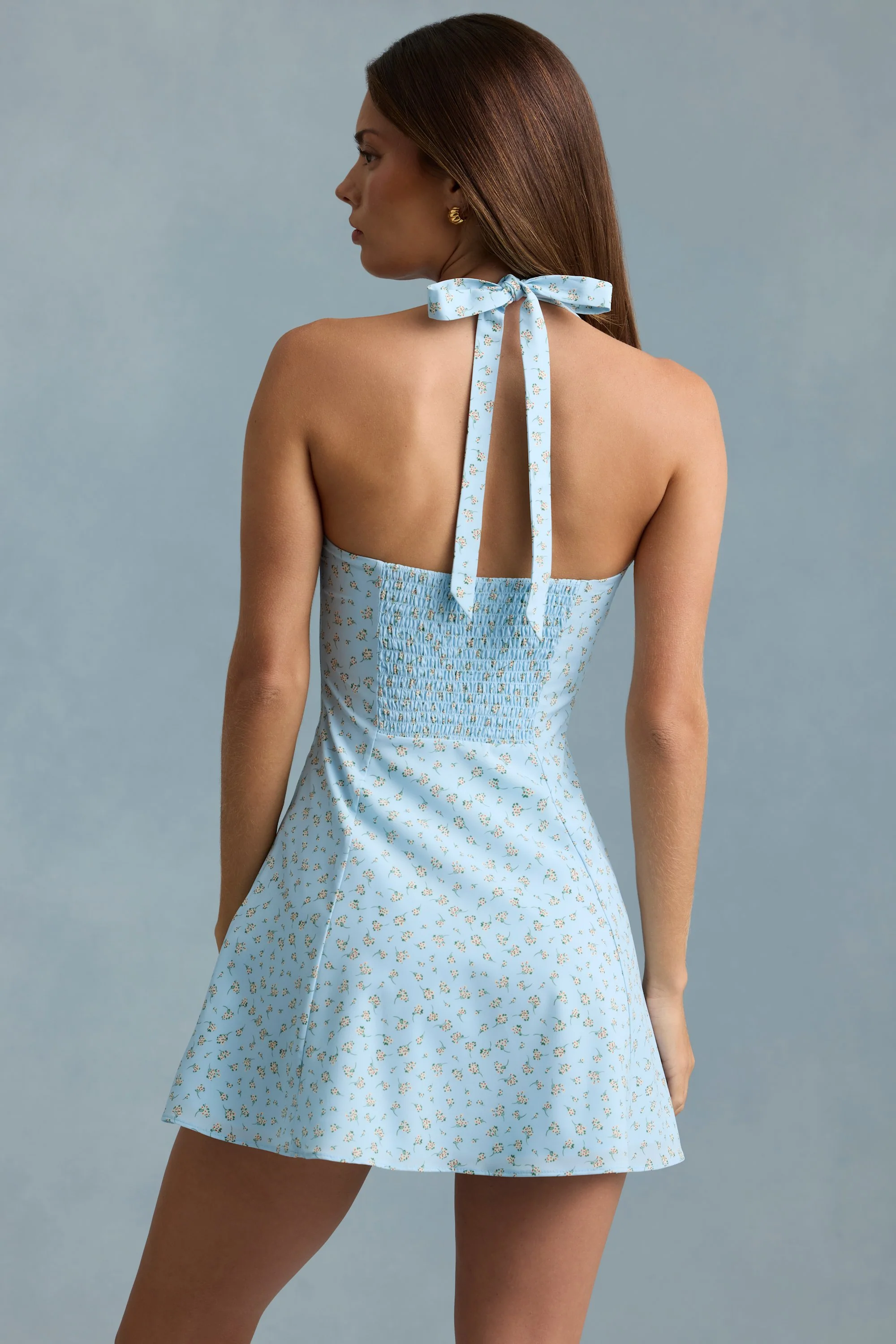 Halterneck A-Line Mini Dress in Blue Flower Print - TREBLEV