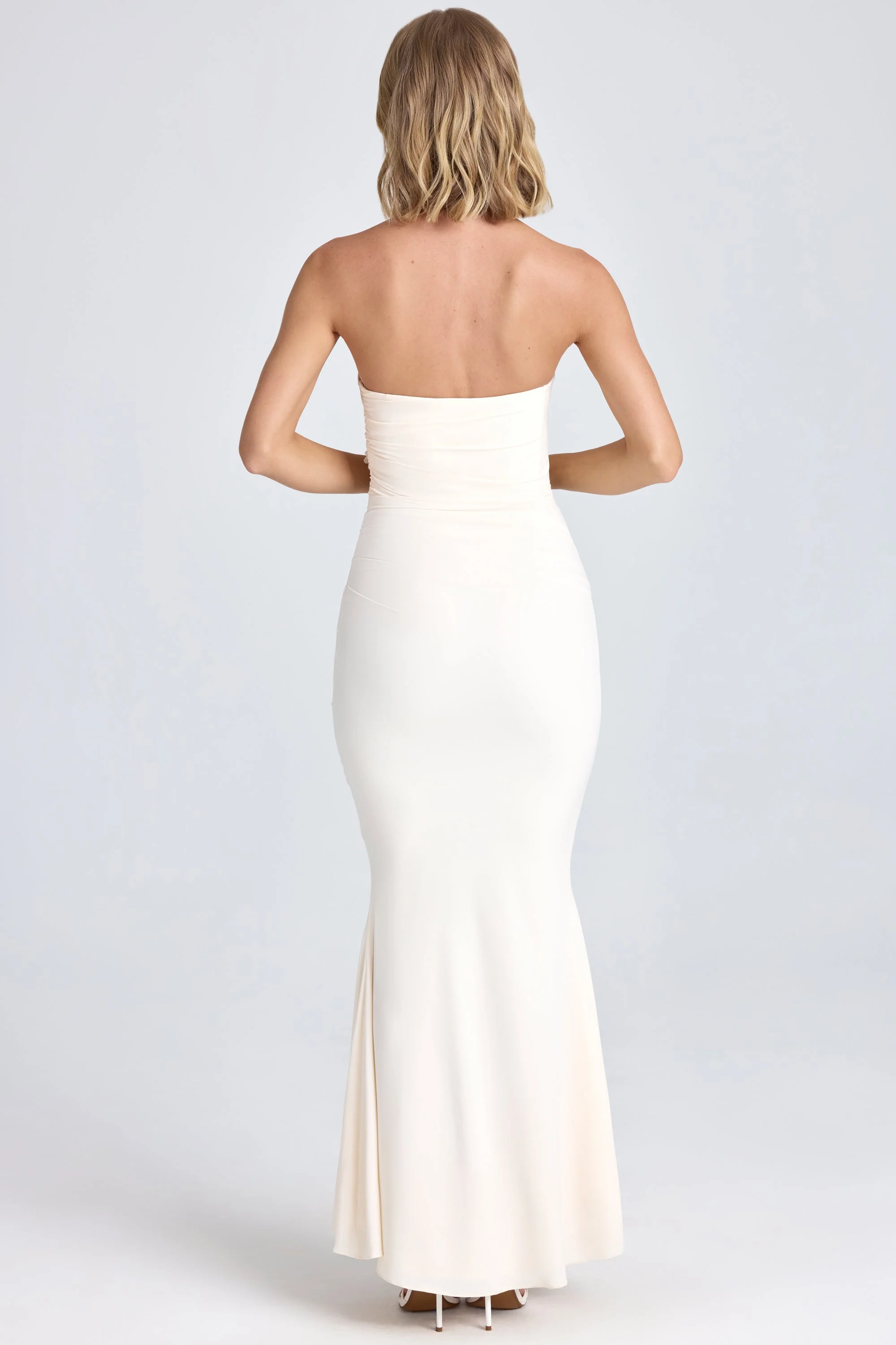 Draped Floral-Appliqué Maxi Dress in Ivory - TREBLEV
