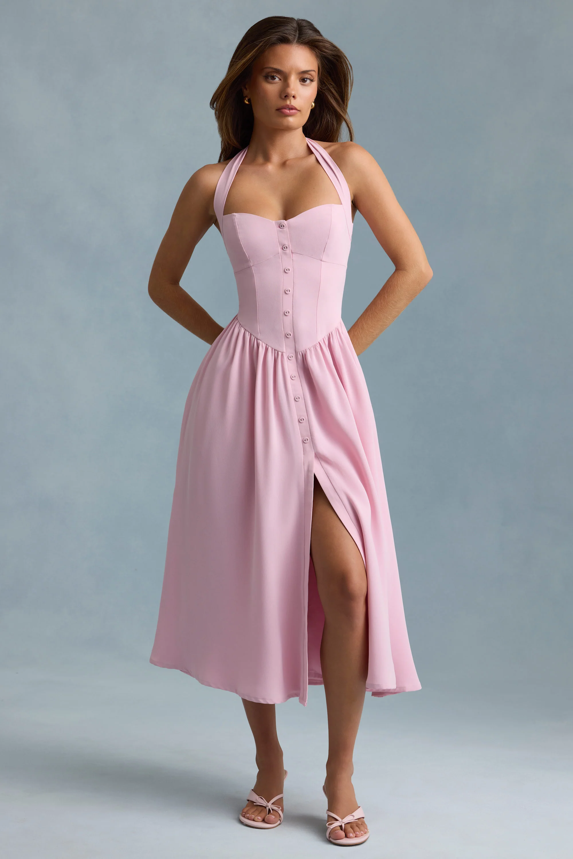 Button-Detail Halterneck Midaxi Dress in Soft Pink - TREBLEV