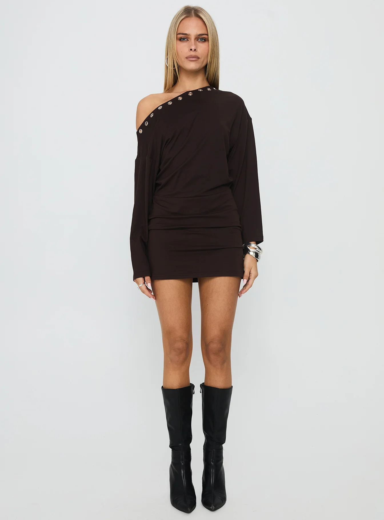 Sakaia Long Sleeve Eyelet Mini Dress Brown - TREBLEV