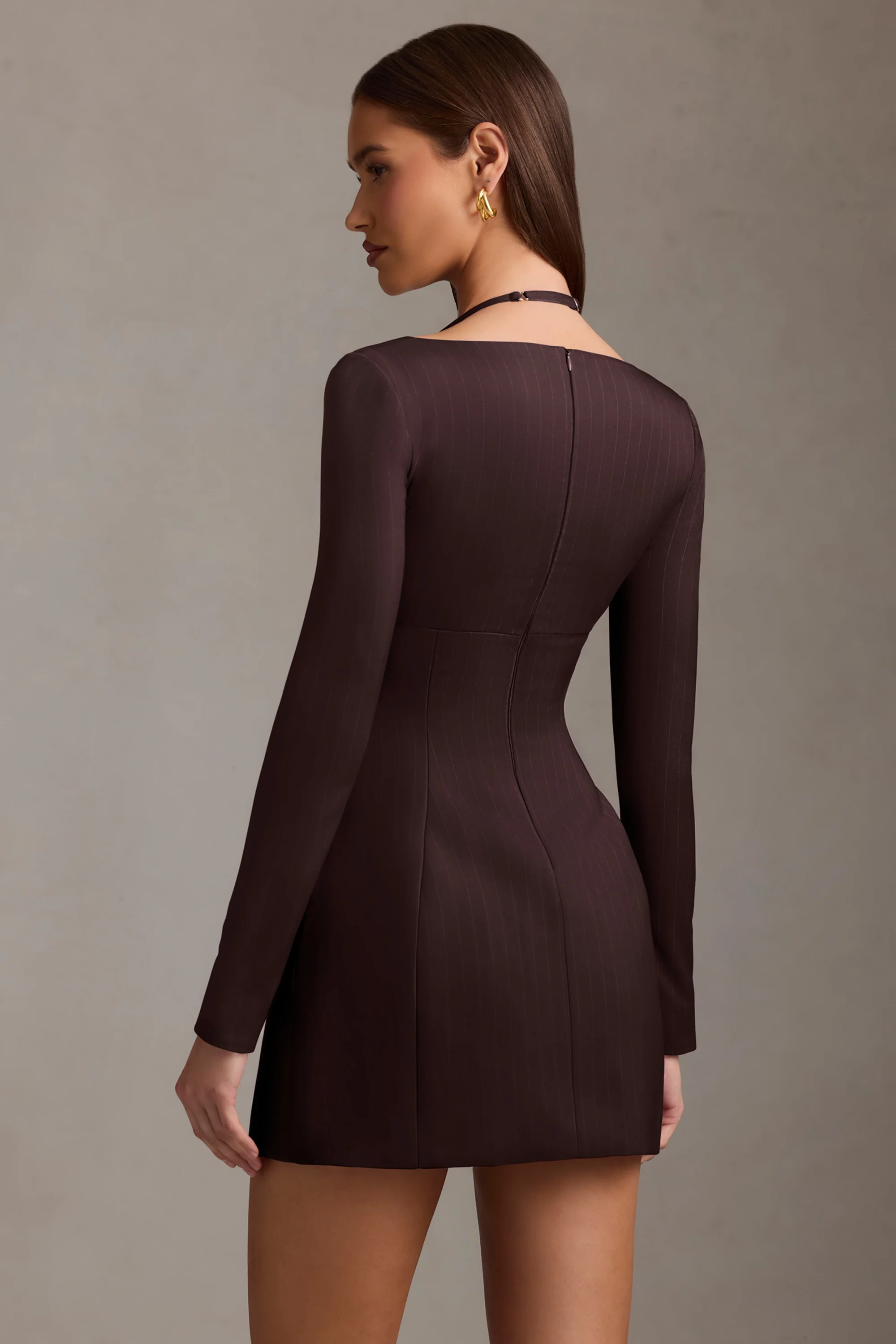 Pinstripe Structured A-Line Mini Dress in Chocolate Brown - TREBLEV